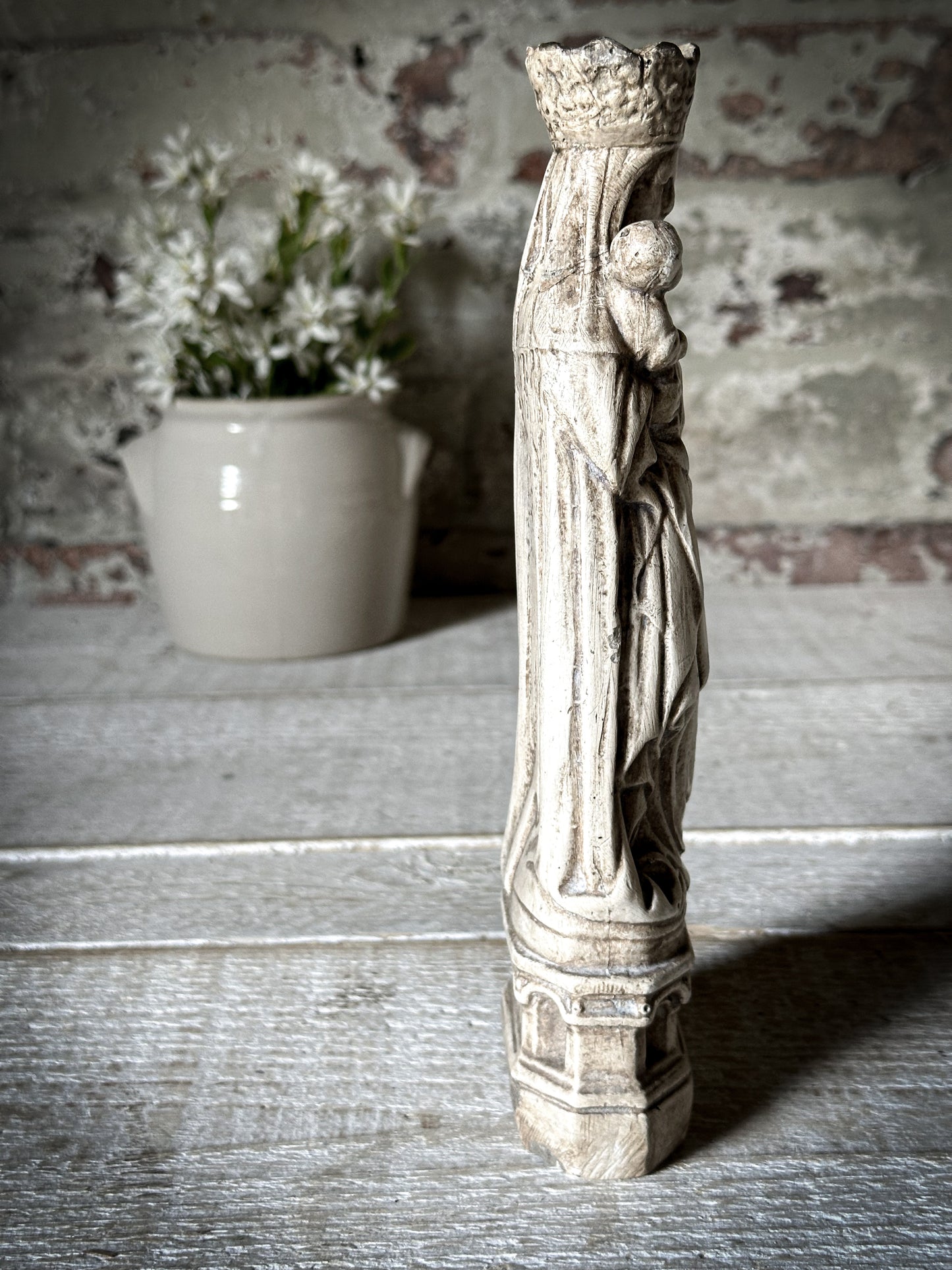 An Antique French Chalk Ware Religious Statue of the Madonna and Child