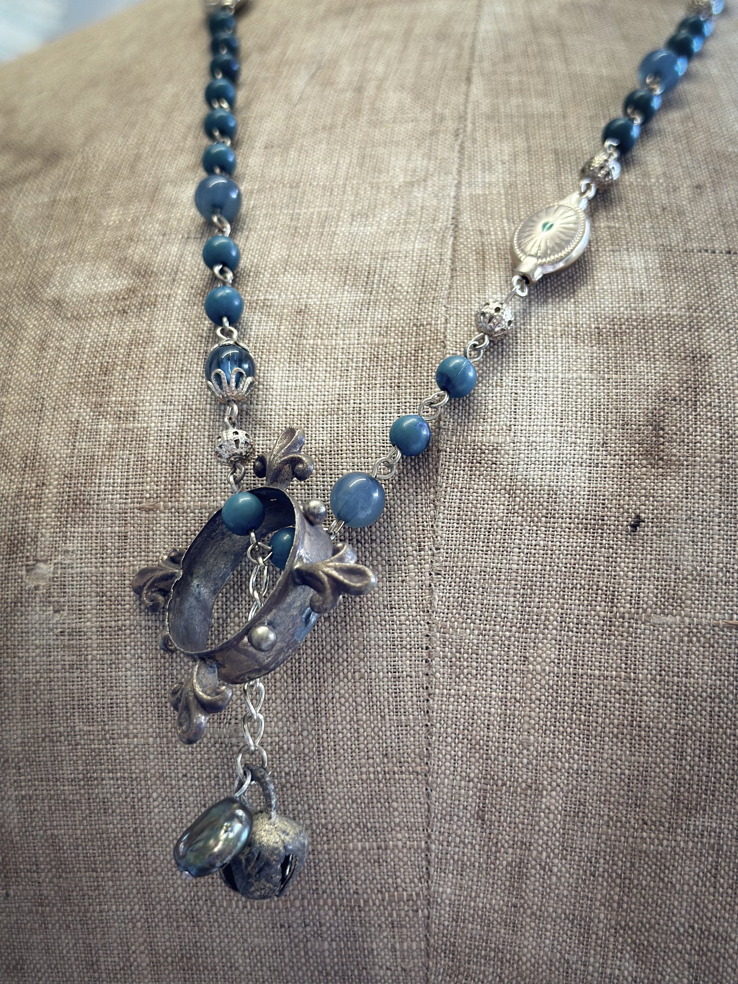 Found Object Vintage Beaded Necklace with Antique Brass Crown by Jealous Moon Jewellery