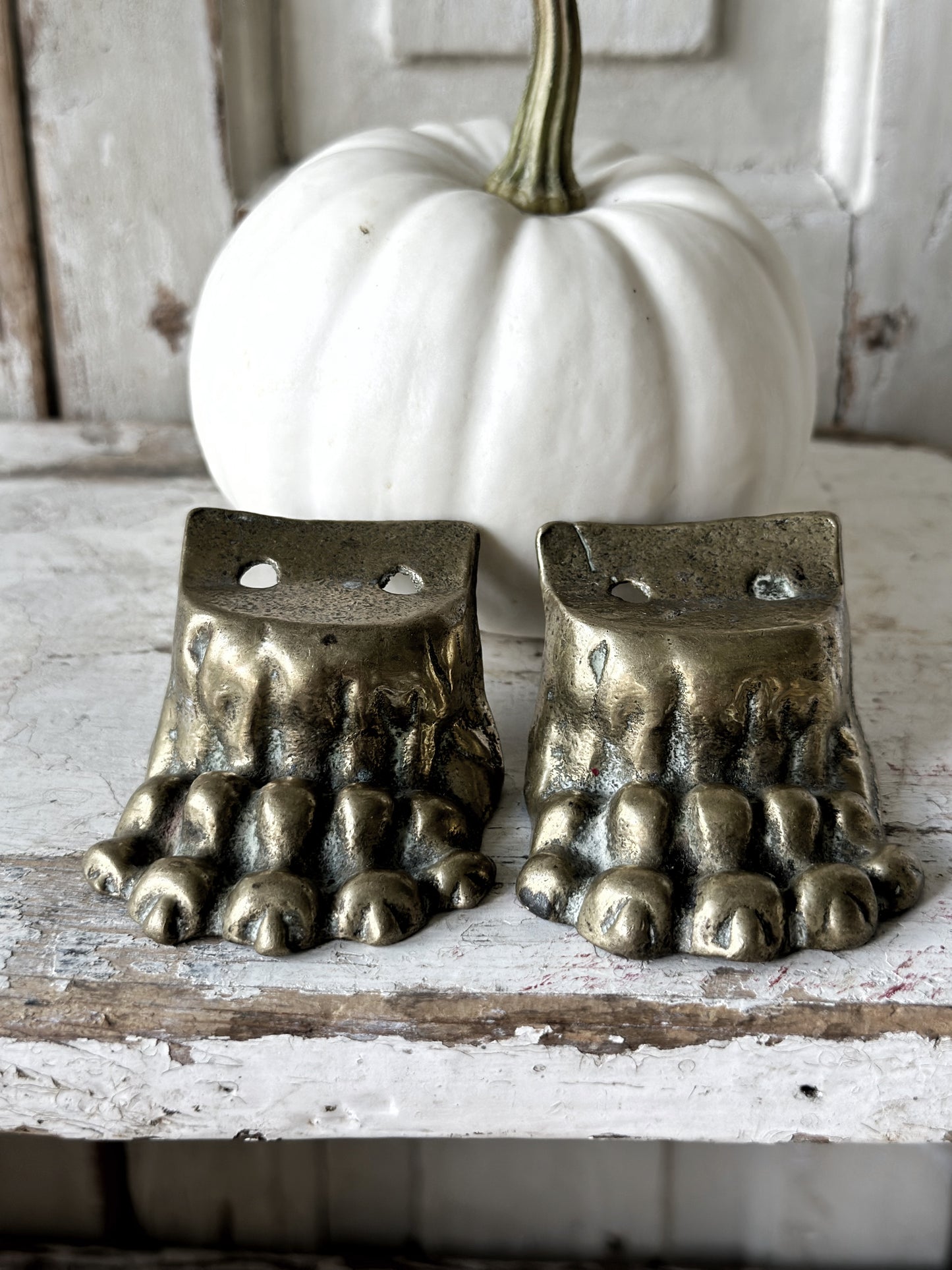 A pair of two antique brass salvaged clawed feet for furniture