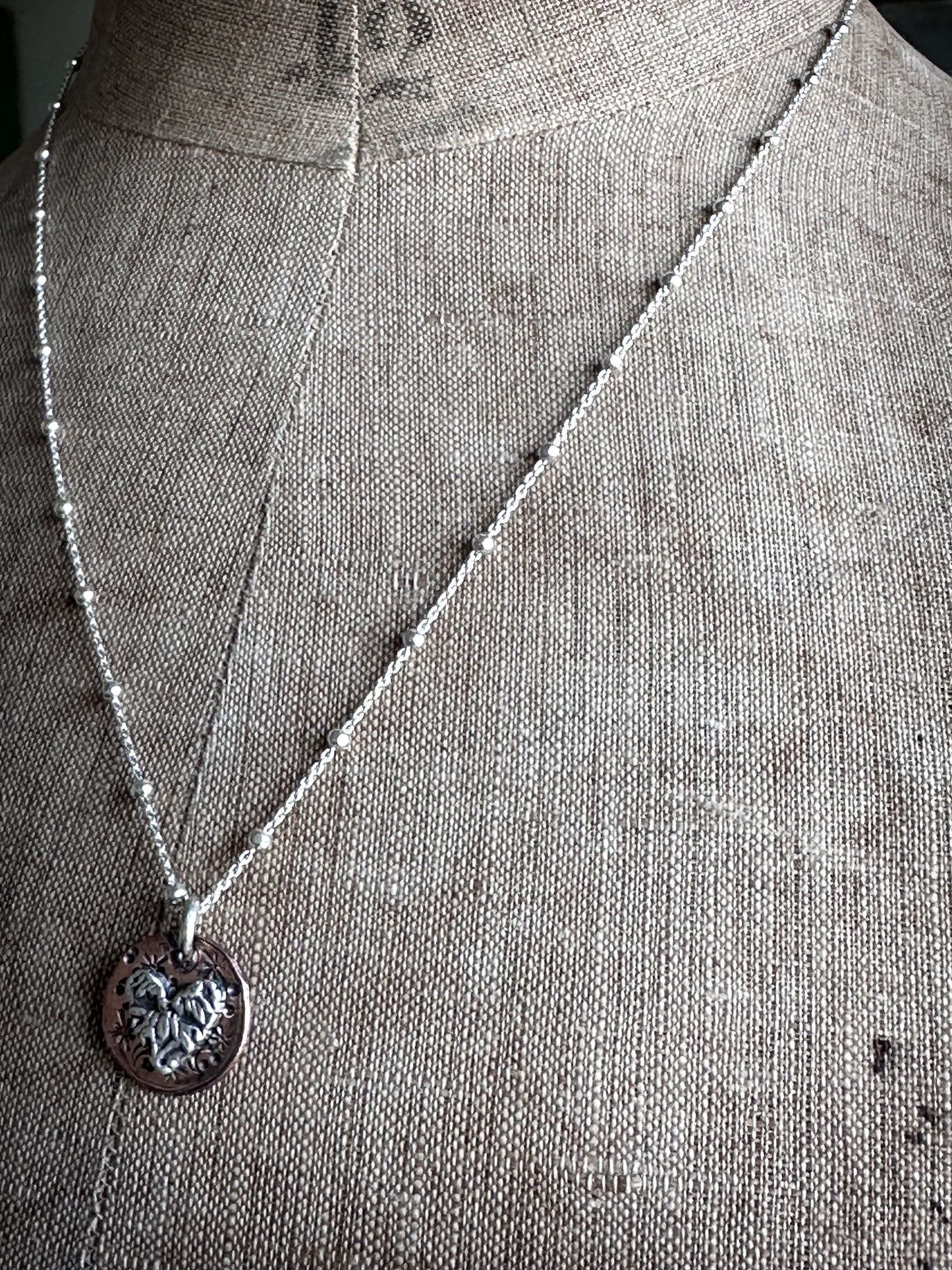 Moon Garden Heart Necklace – Fine Silver Wedgwood Sprig on Star-Stamped Copper