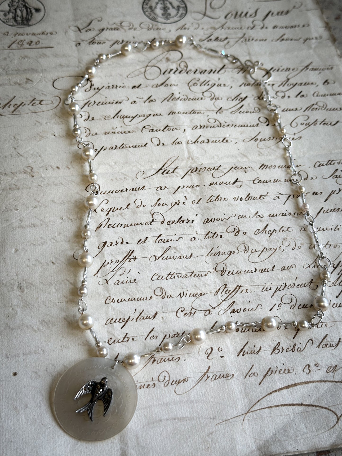 Found Object Mother of Pearl Swallow Necklace by Jealous Moon Jewellery