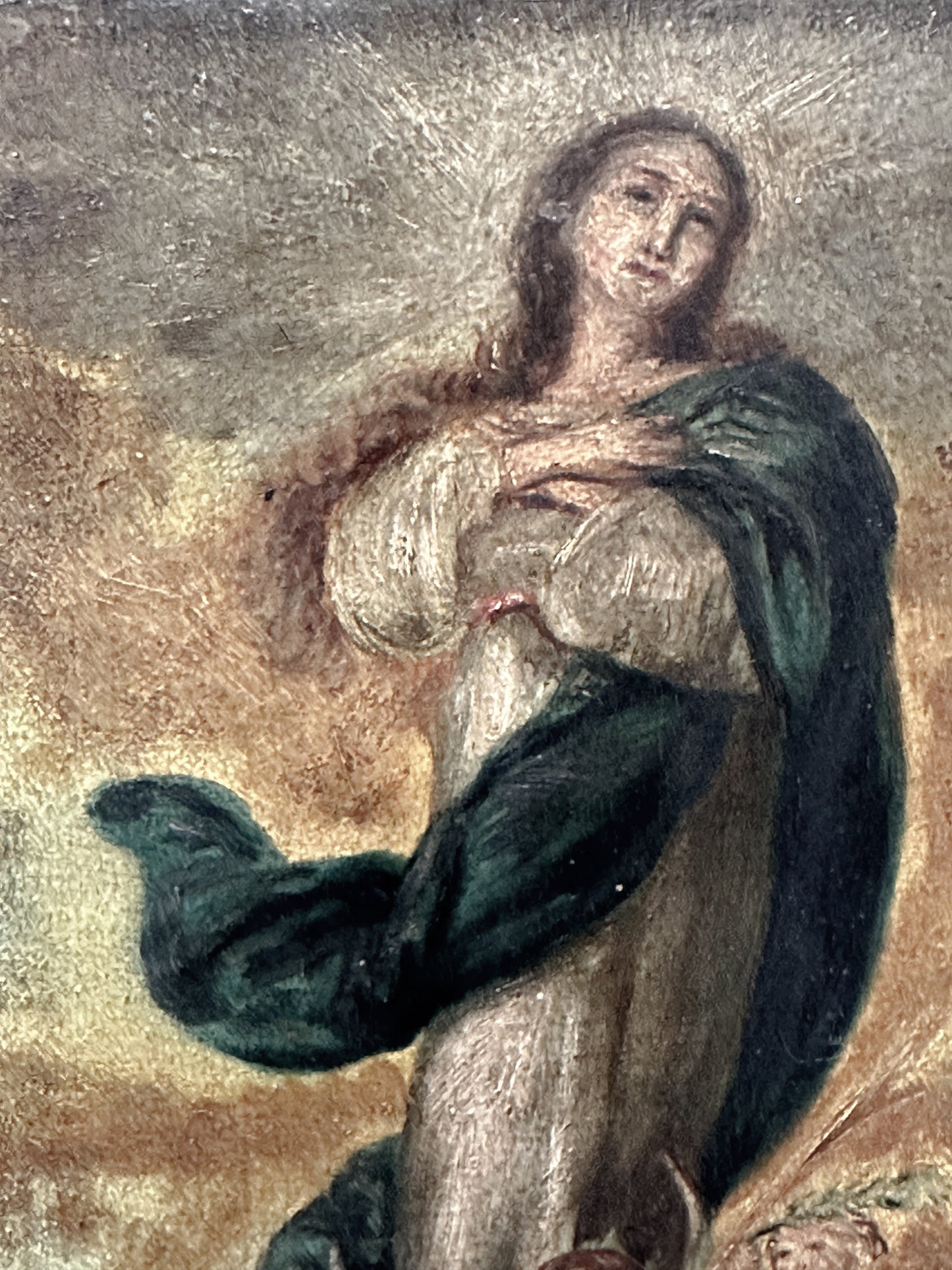 Antique oil on wood panel religious painting of Mary with cherubs at her feet