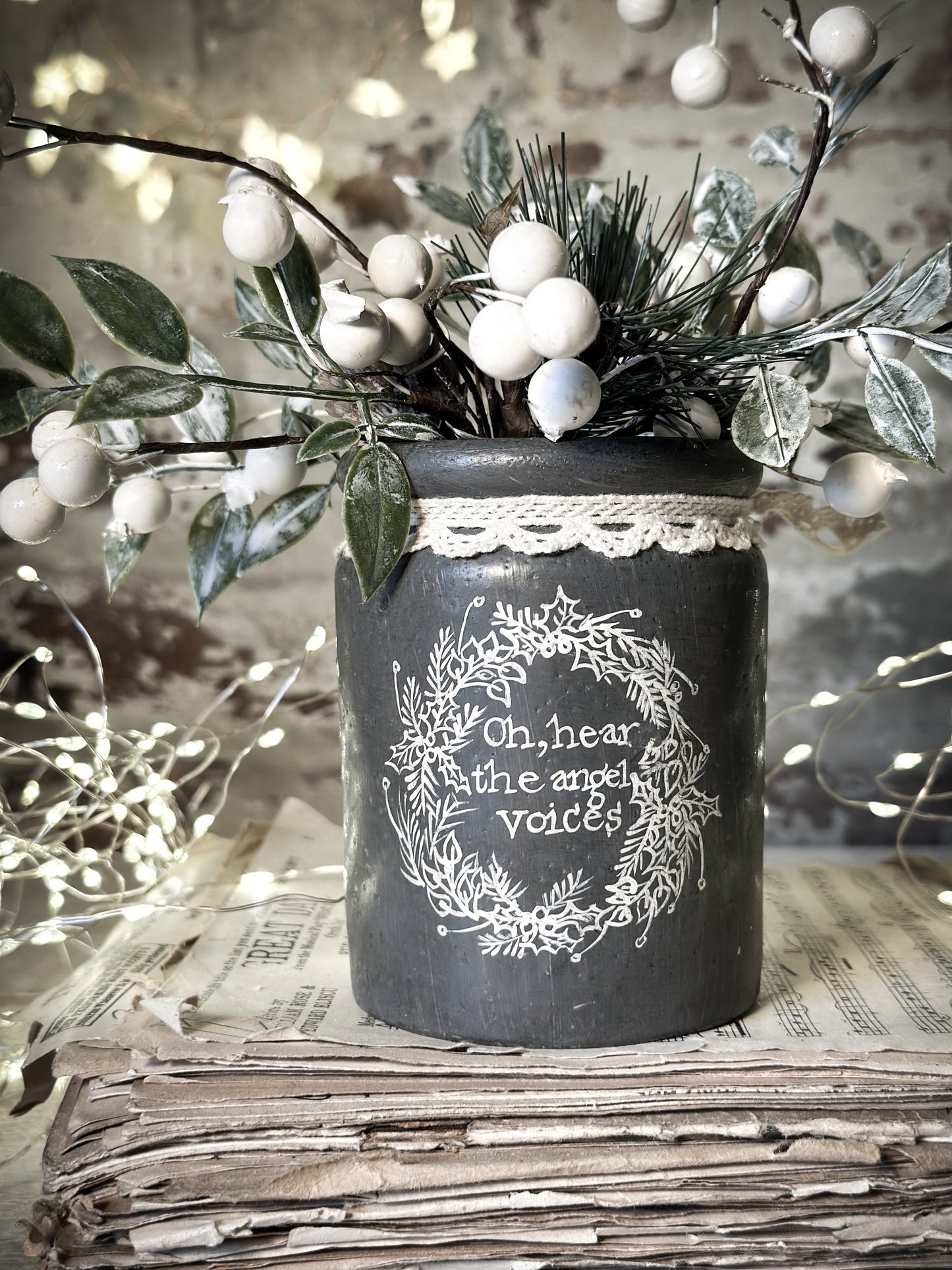 A hand painted and illustrated vintage Victorian Jar