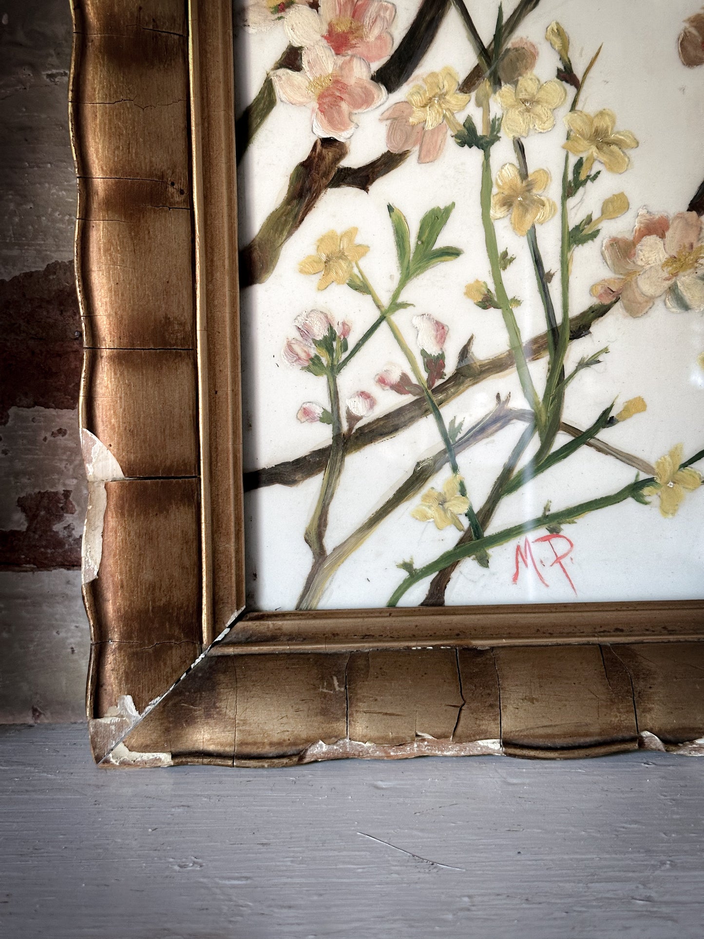 A Stunning Victorian Milk Glass Painting of A Bird’s Nest and Spring Blossoms