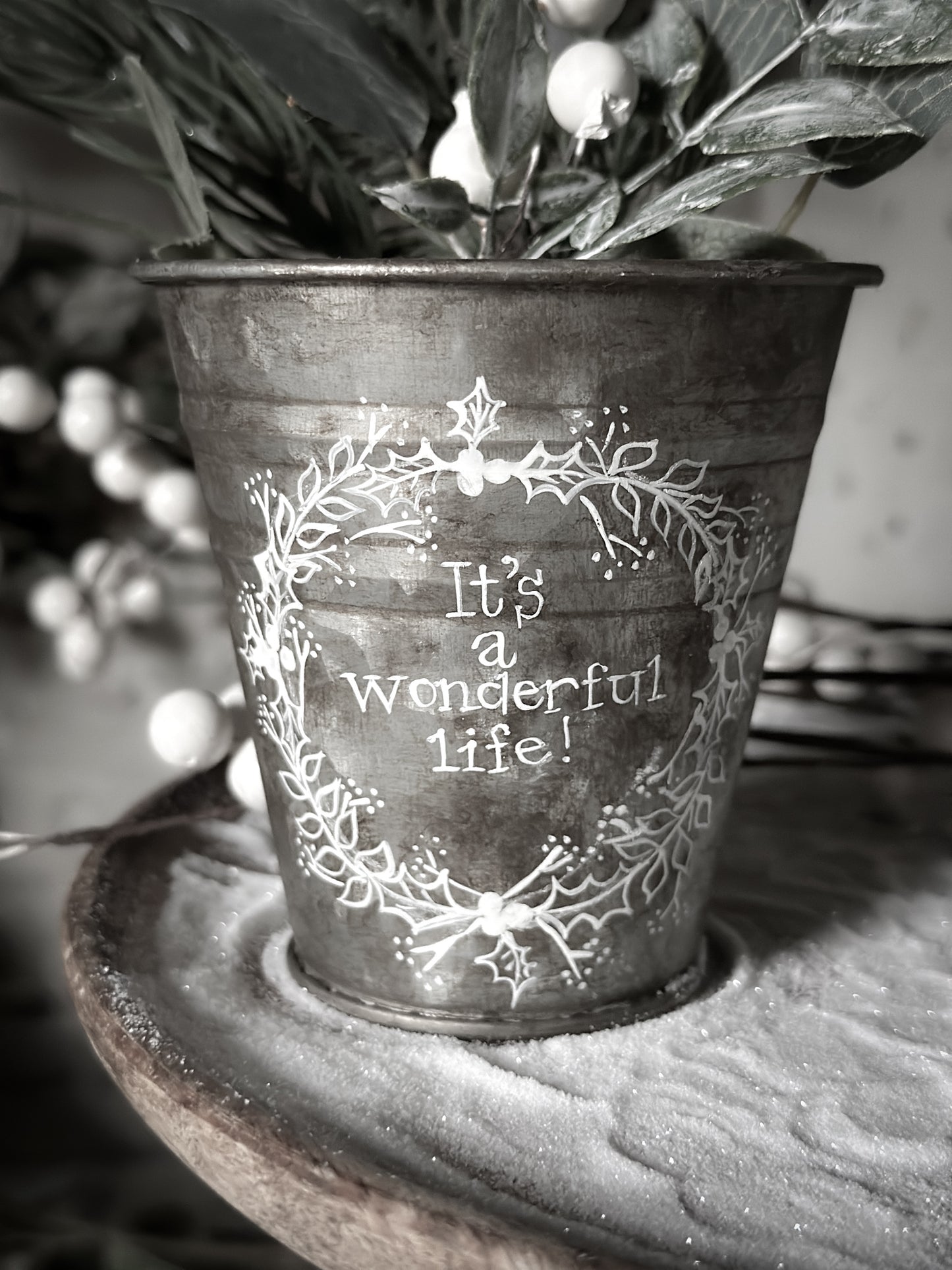 A vintage style mini zinc tub hand painted with a Christmas wreath and Quote