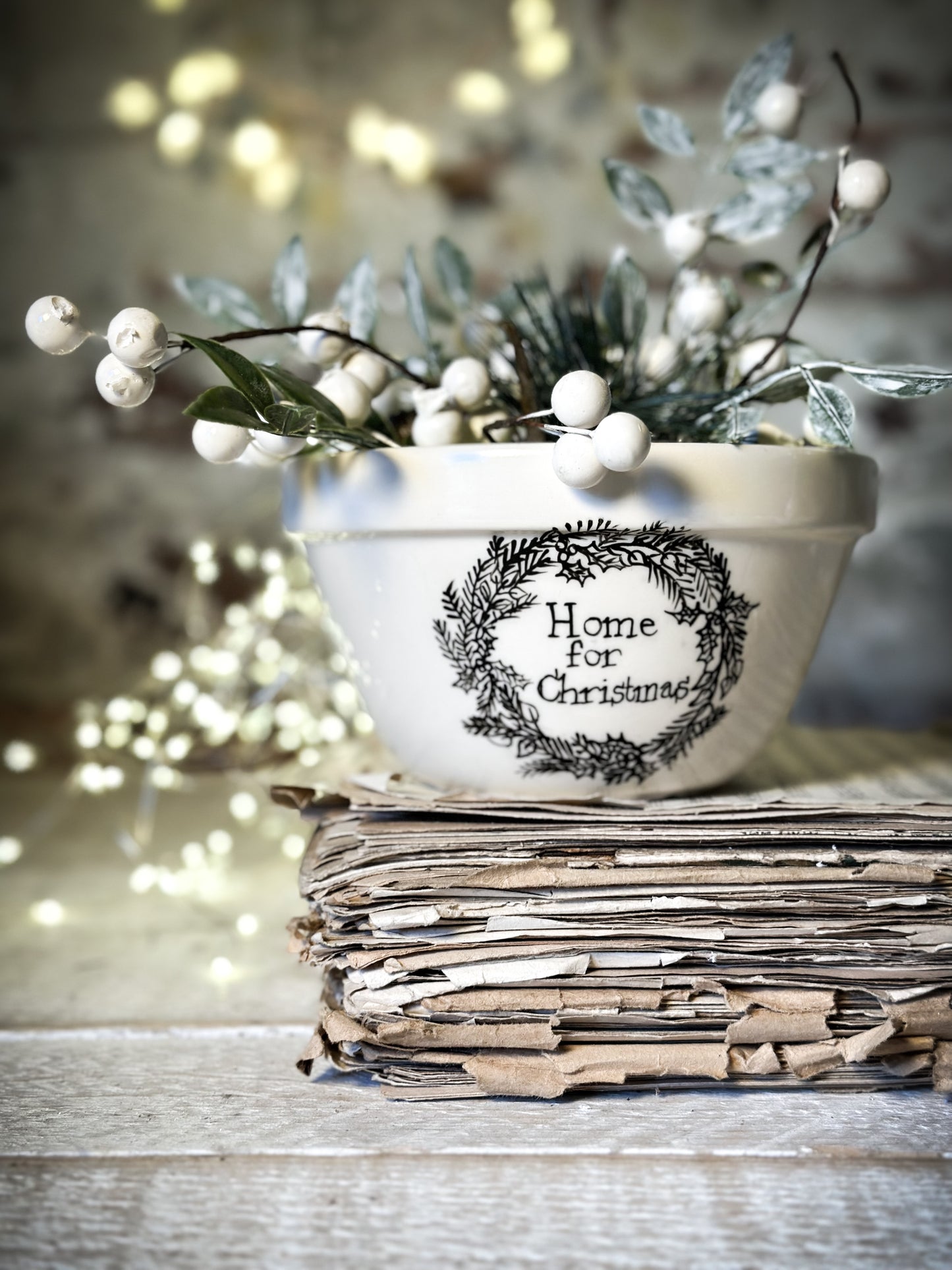 A beautiful vintage Illustrated Ironstone pudding bowl with a hand painted Christmas quote