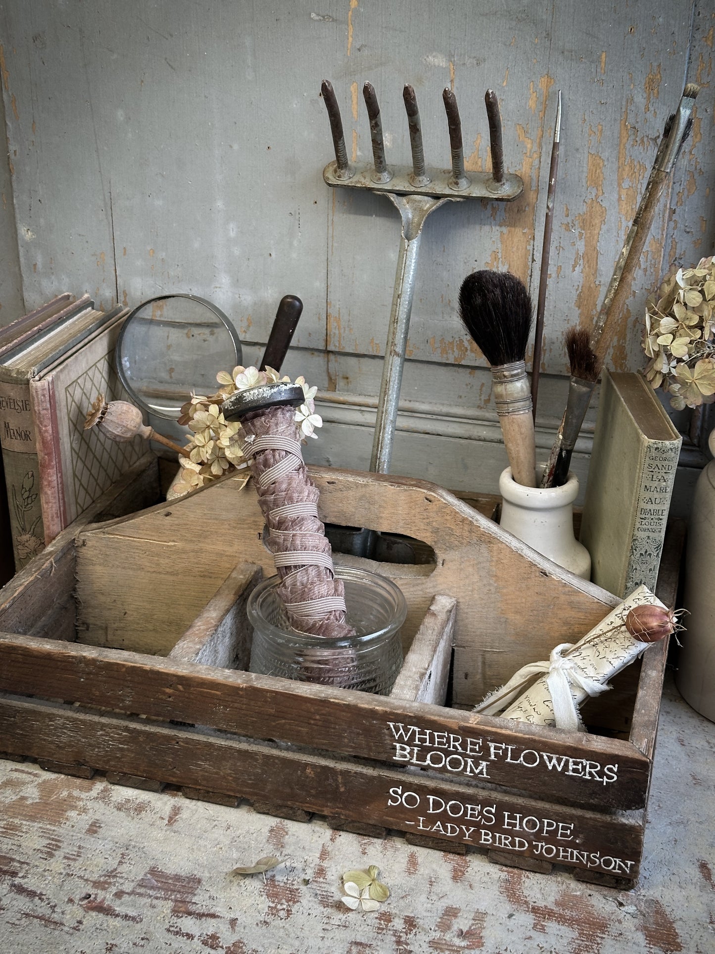 A Vintage Wooden Garden Trug With Hand Painted Quote