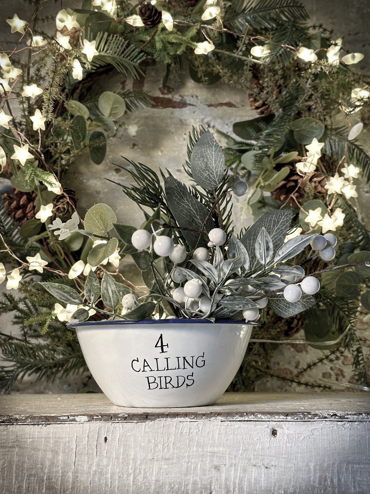 A beautiful vintage enamel pudding bowl with a hand painted quote from the Twelve days of Christmas
