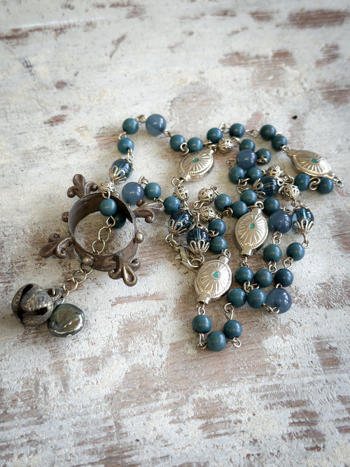 Found Object Vintage Beaded Necklace with Antique Brass Crown by Jealous Moon Jewellery