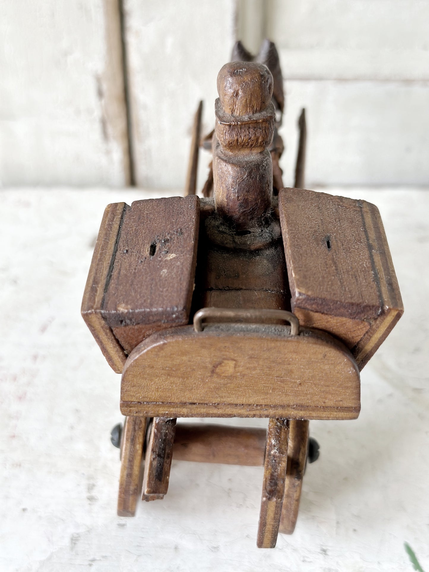 A primitive colonial scratch built wooden horse and cart toy