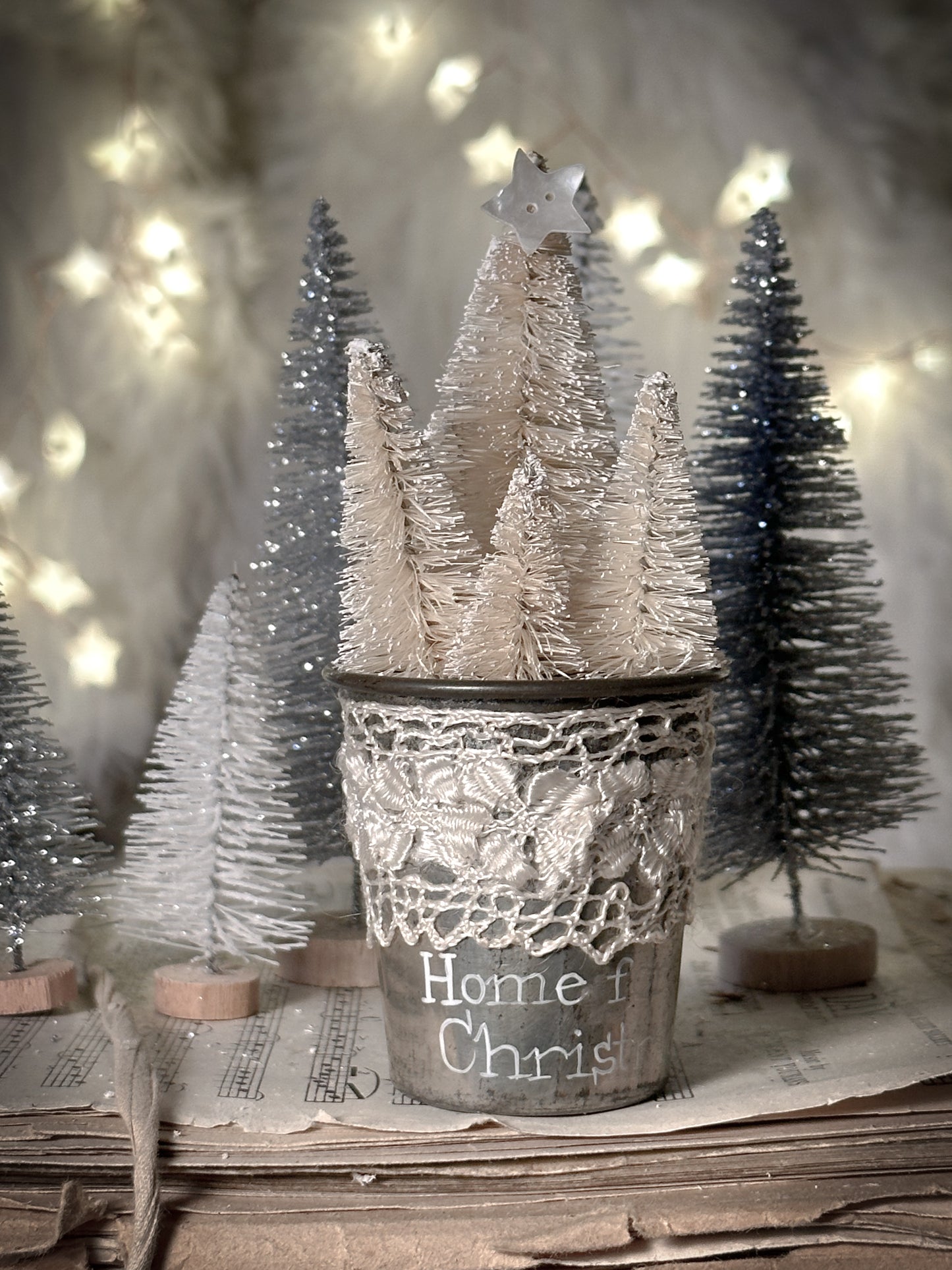 A hand painted vintage Dariole tin with lace trimming and a Christmas quote