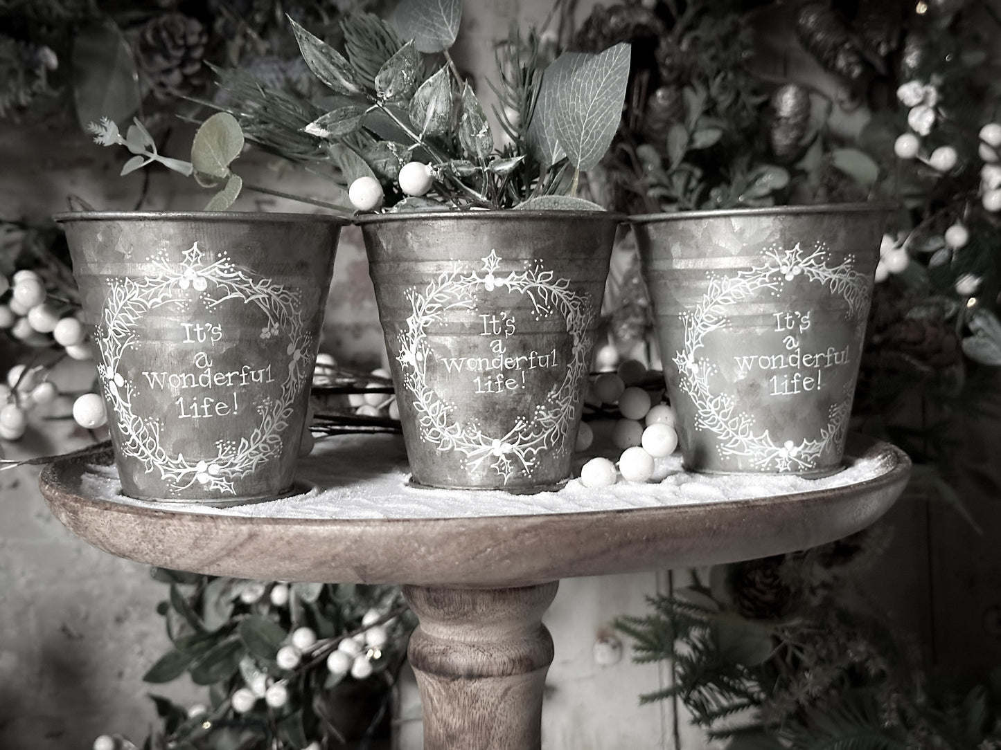 A vintage style mini zinc tub hand painted with a Christmas wreath and Quote
