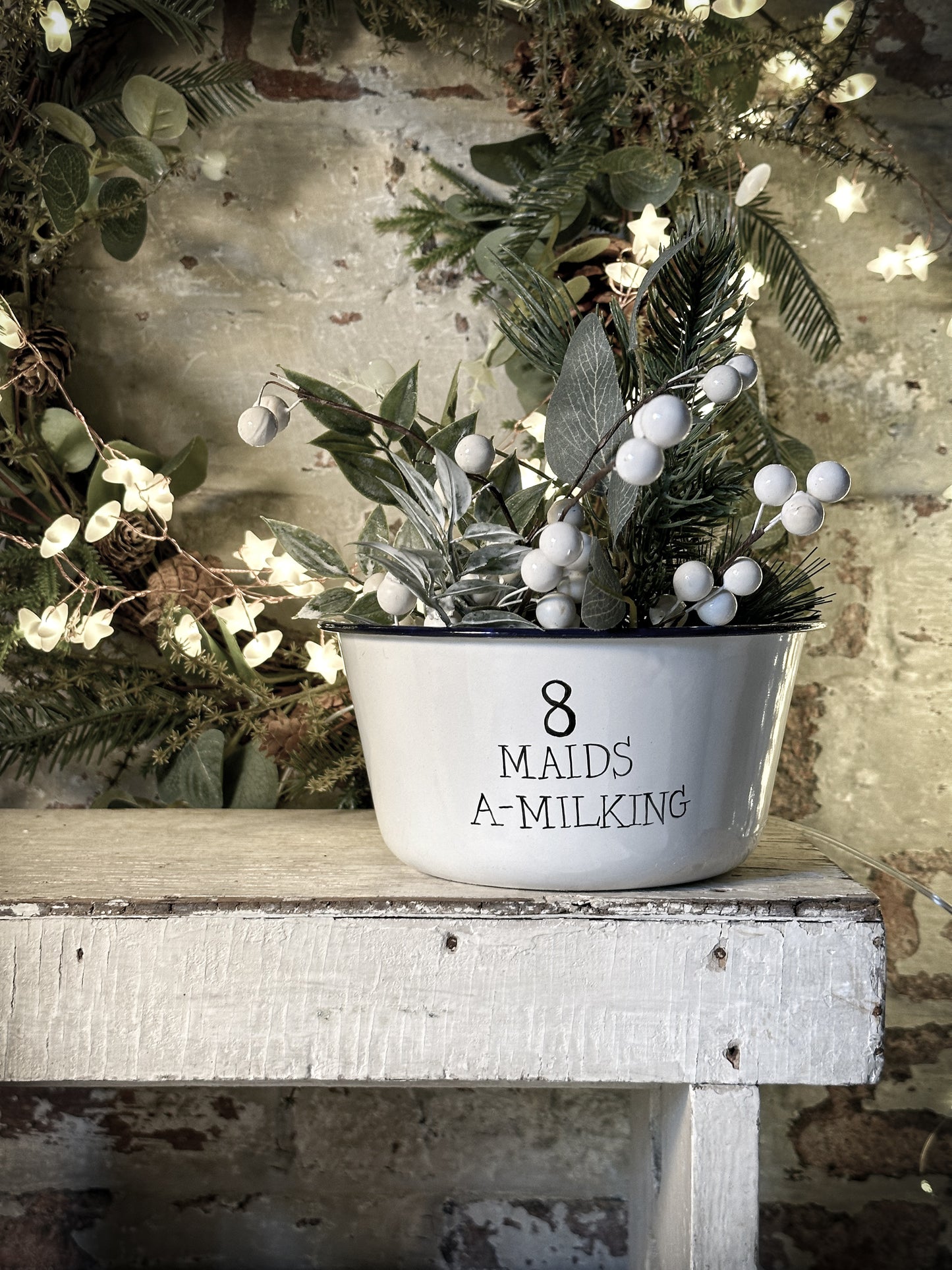A beautiful vintage enamel pudding bowl with a hand painted quote from the Twelve days of Christmas