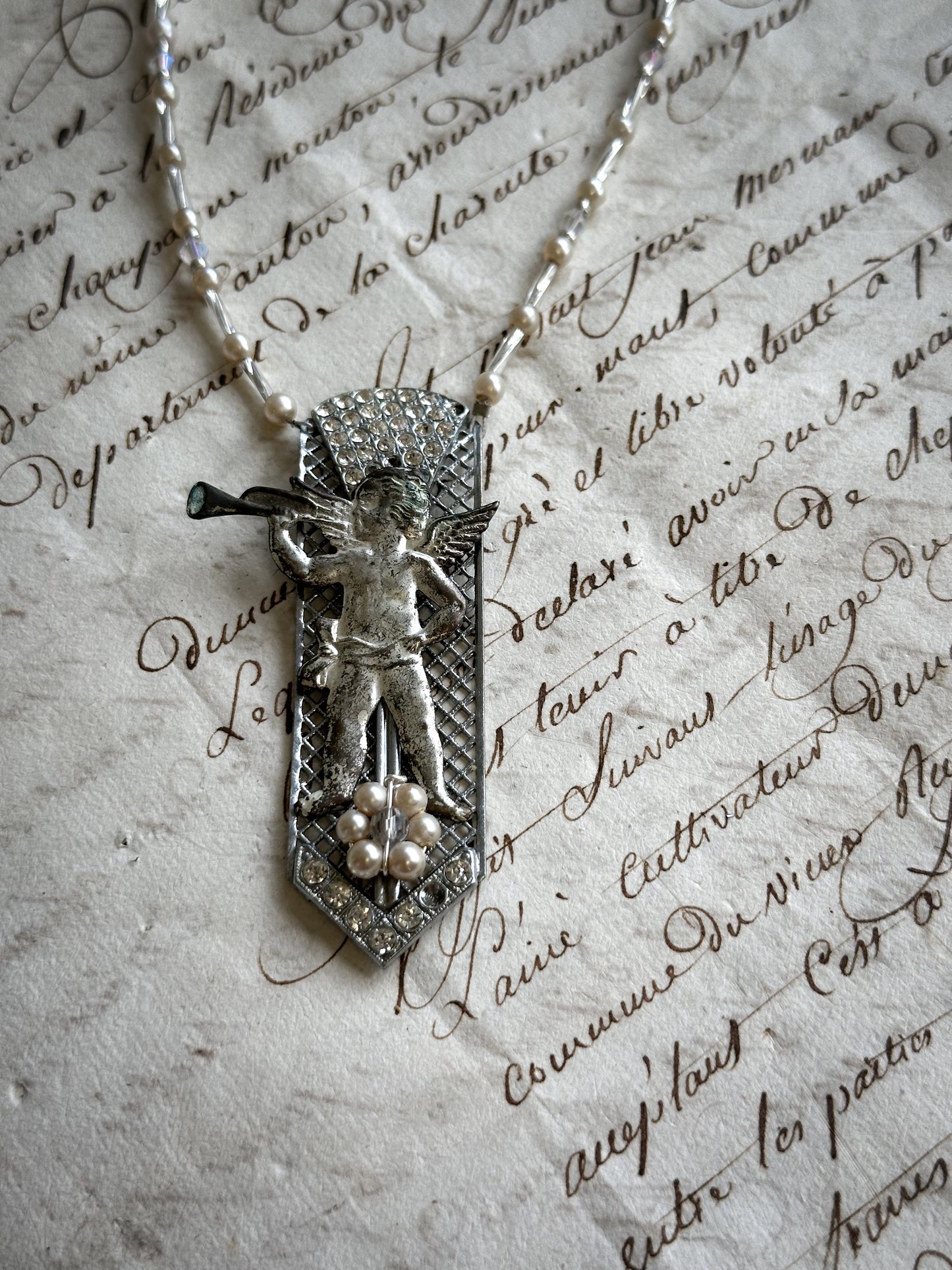 Found Object Art Deco Dress Clip with Cherub Necklace by Jealous Moon Jewellery