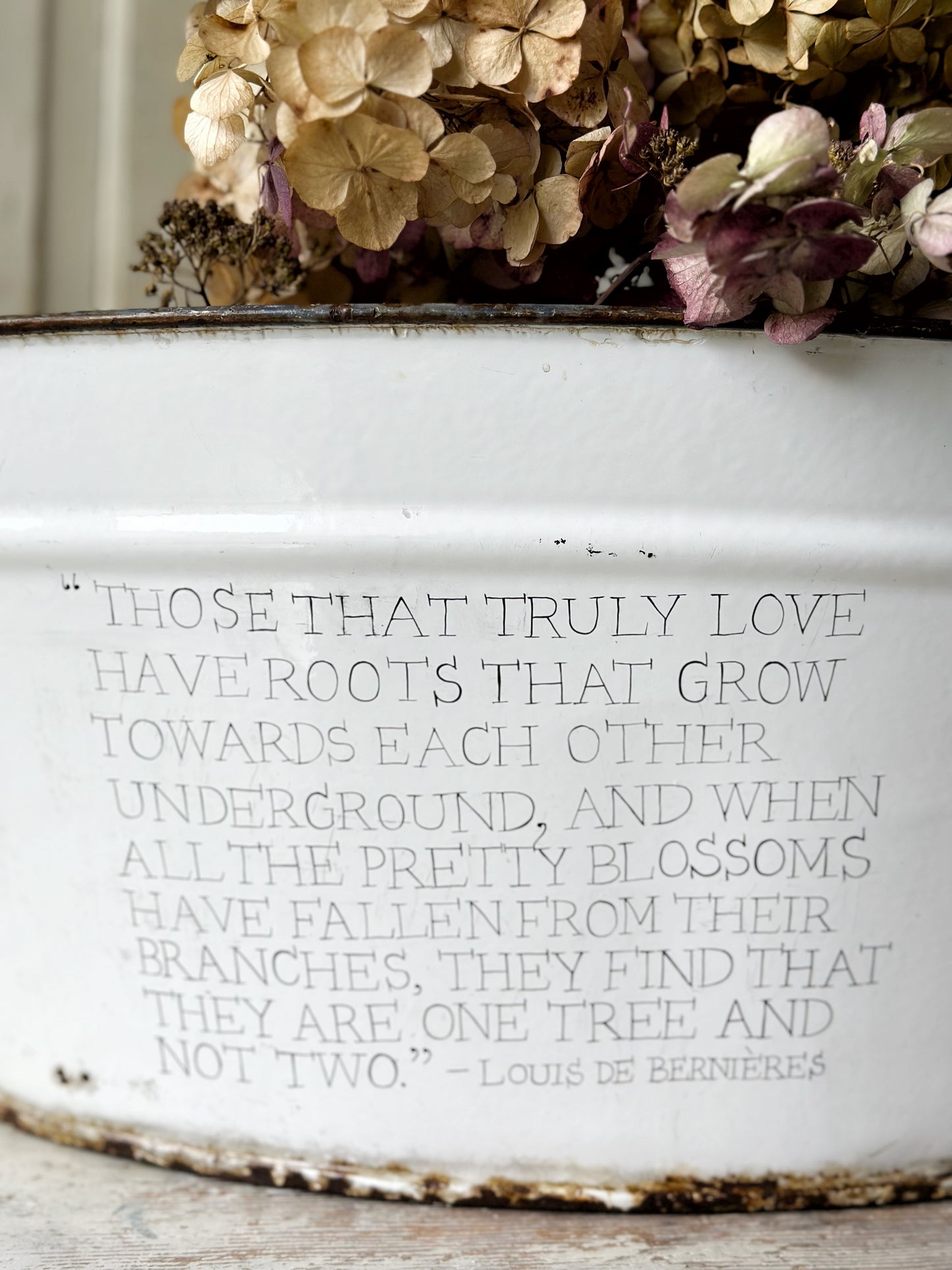 A rustic time worn white enamel oval bath hand painted with a quote.