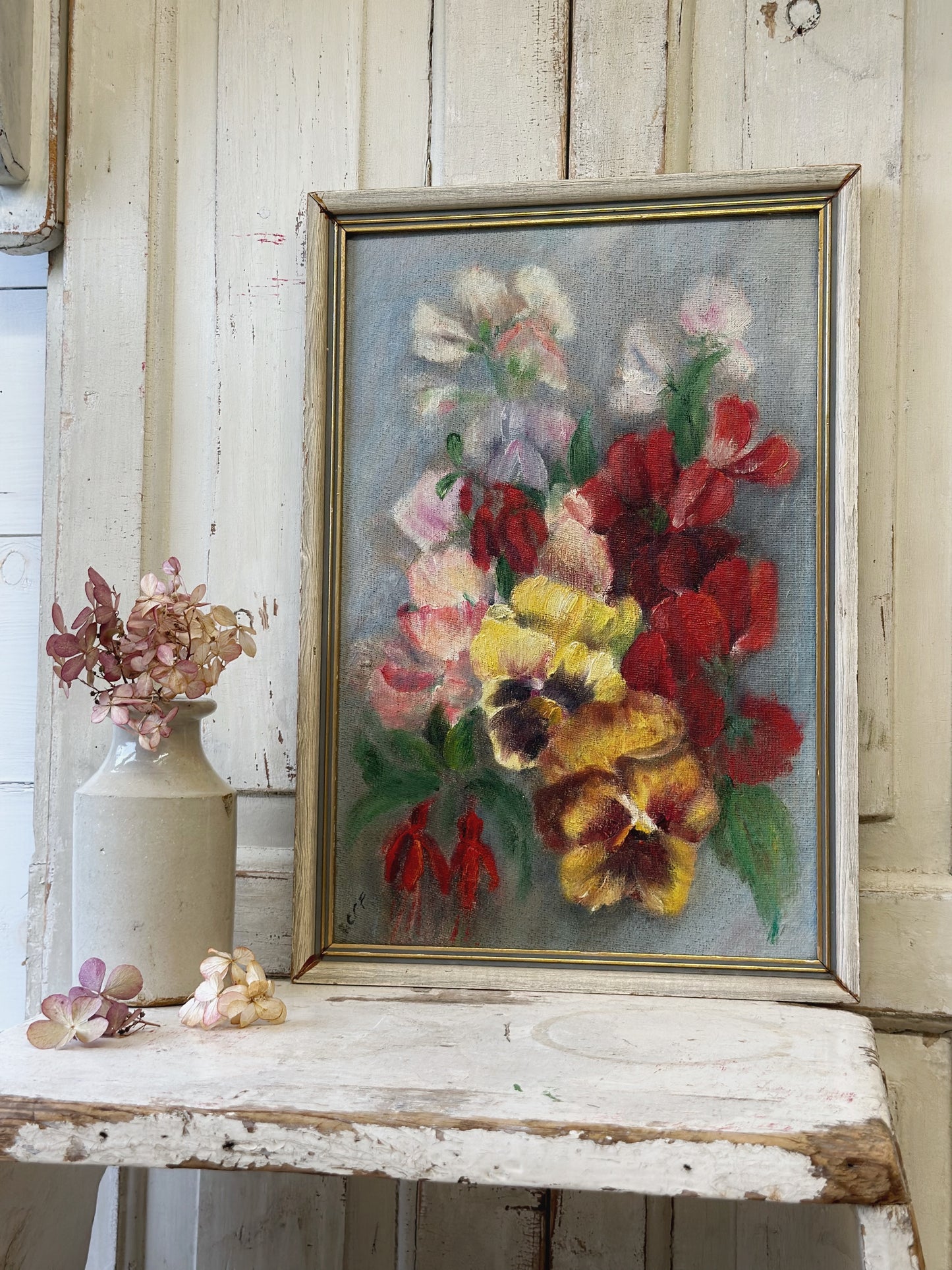 Vintage Still Life Flowers Pansies Oil On Board Signed ICCF