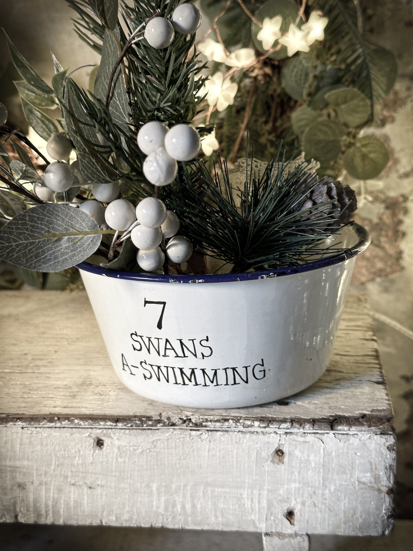 A beautiful vintage enamel pudding bowl with a hand painted quote from the Twelve days of Christmas
