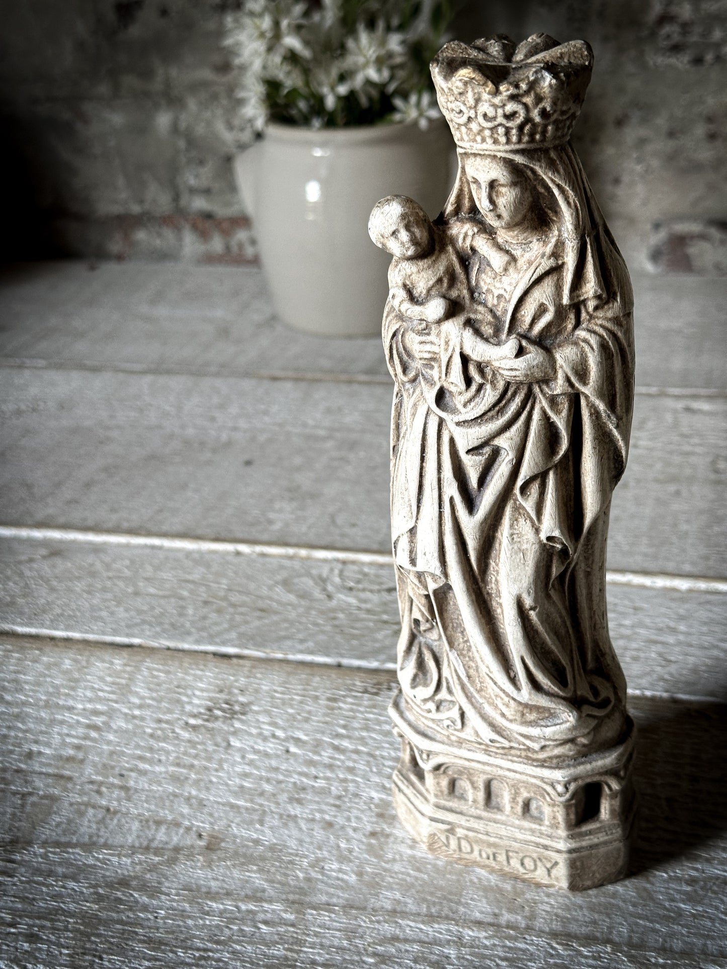 An Antique French Chalk Ware Religious Statue of the Madonna and Child