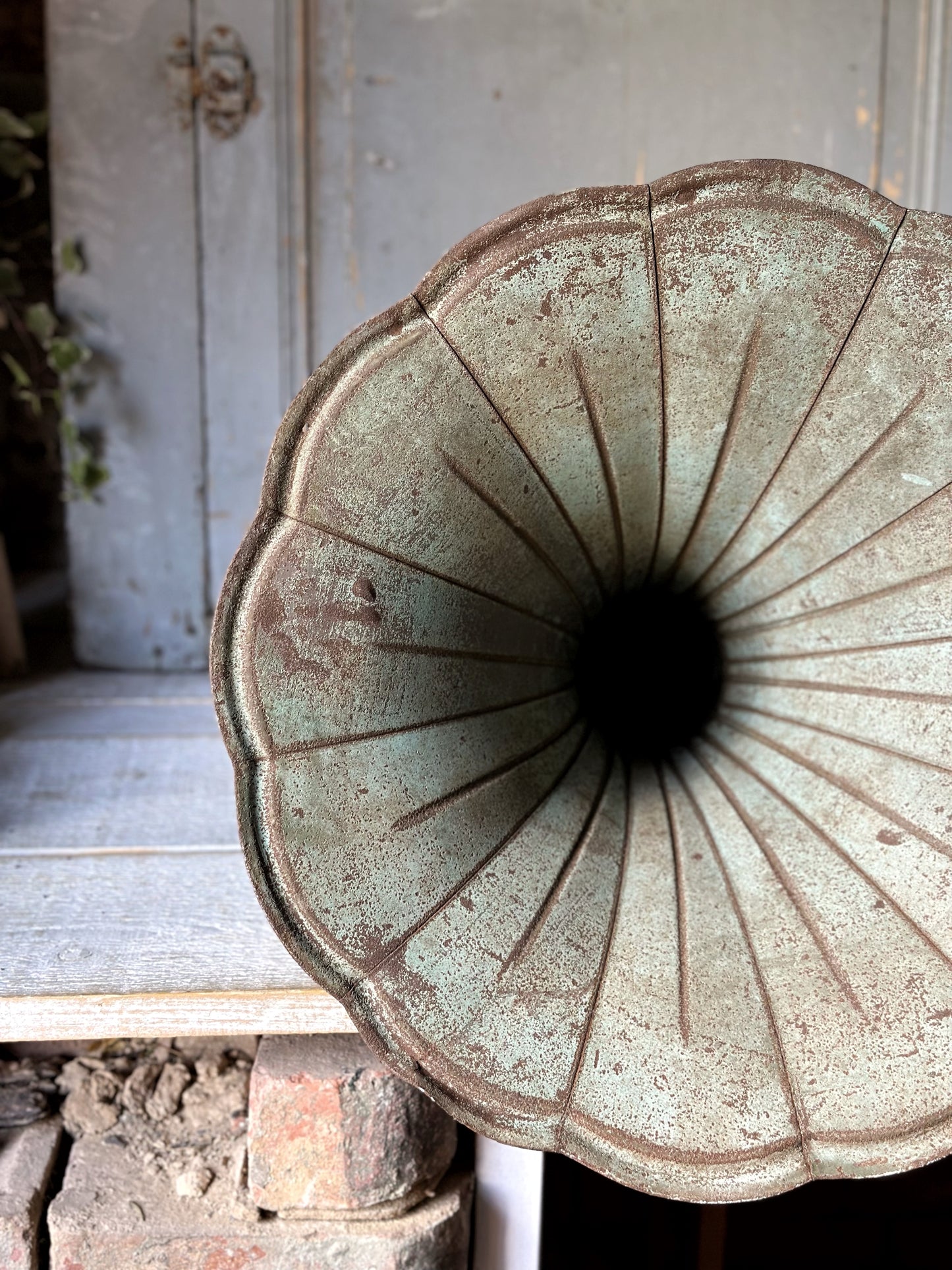 A wonderful antique French tin gramophone funnel and elbow