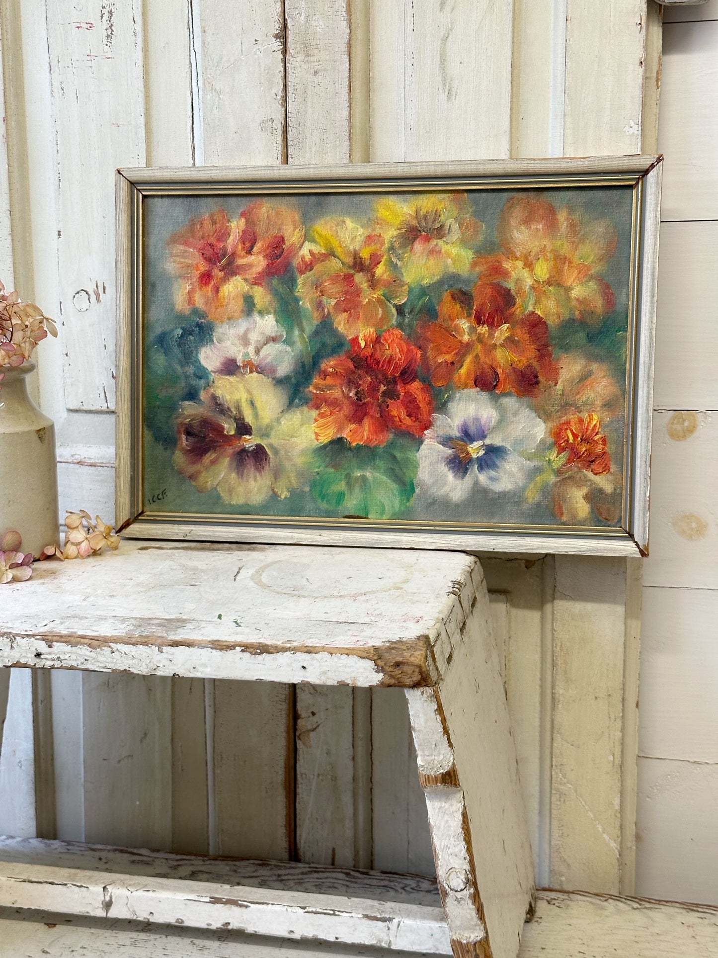 Vintage Still Life Flowers Pansies Oil On Board Signed ICCF
