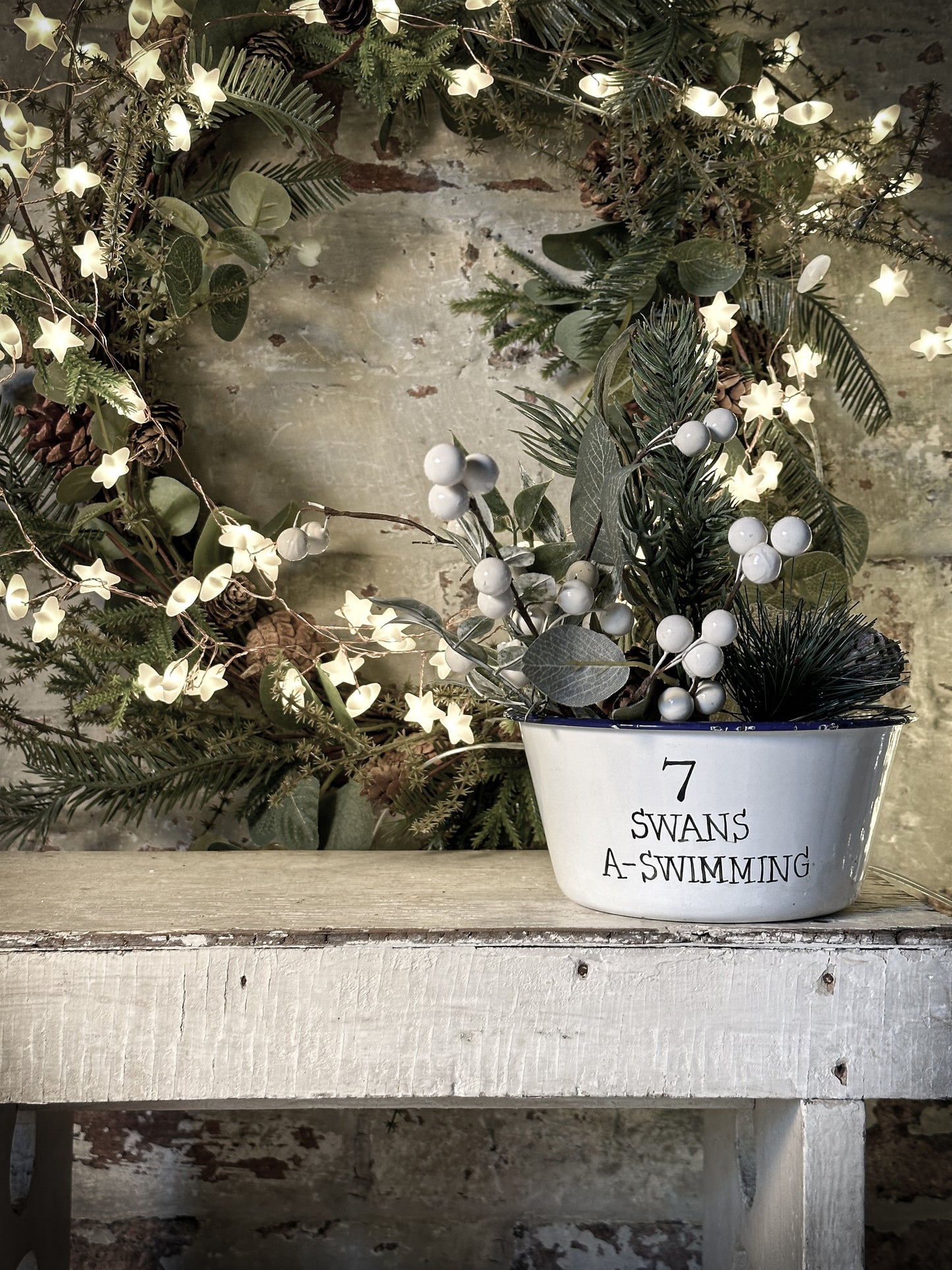 A beautiful vintage enamel pudding bowl with a hand painted quote from the Twelve days of Christmas