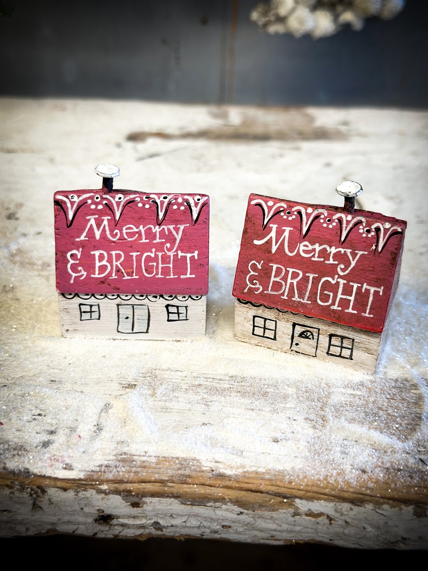 A Pretty Vintage German Erzgebirge Putz Wooden Village House “Merry & Bright”