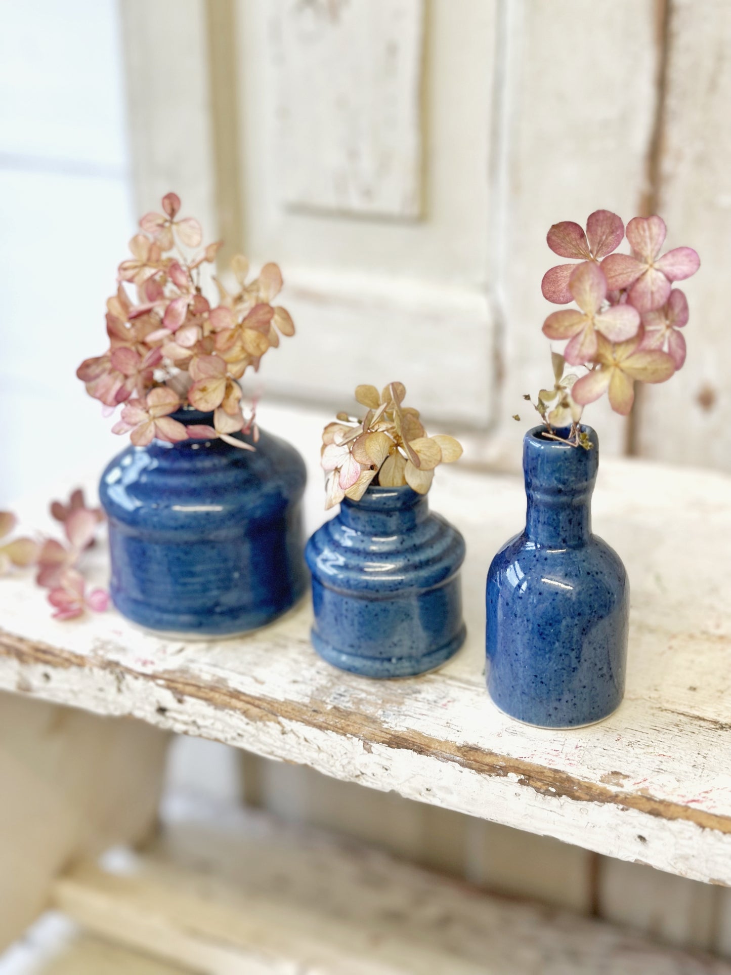 Three pretty French glazed ink bottles