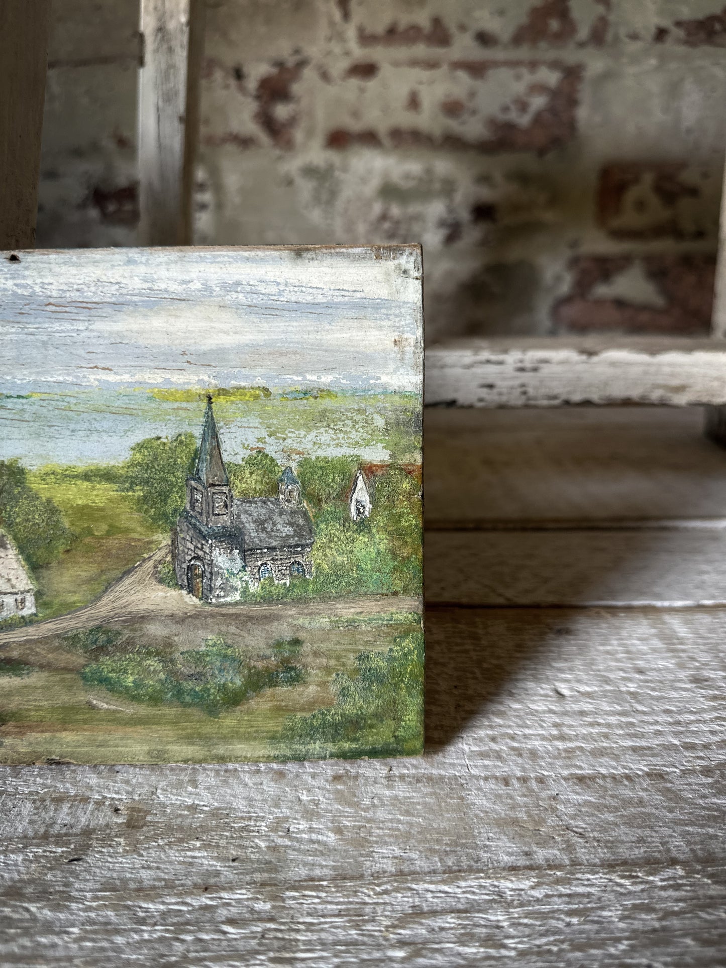 Antique French Naive Oil Painting on Wooden Panel