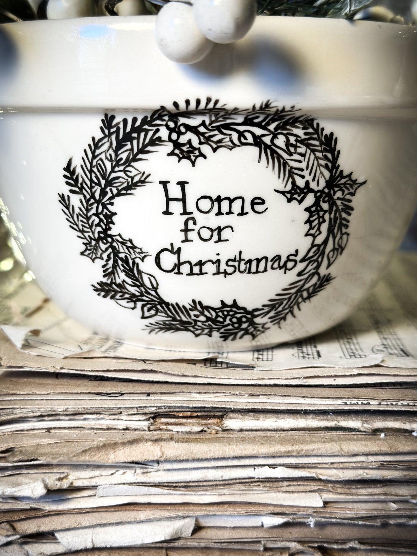 A beautiful vintage Illustrated Ironstone pudding bowl with a hand painted Christmas quote