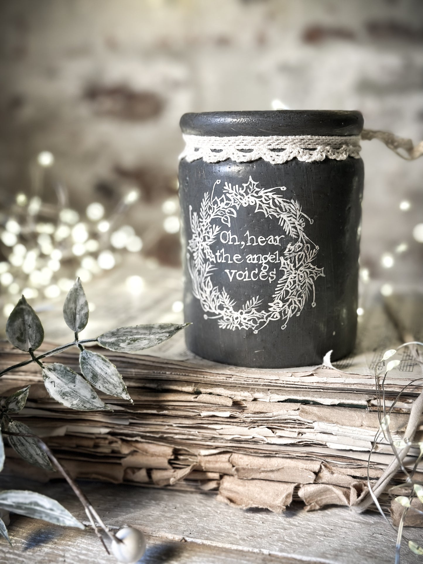 A hand painted and illustrated vintage Victorian Jar