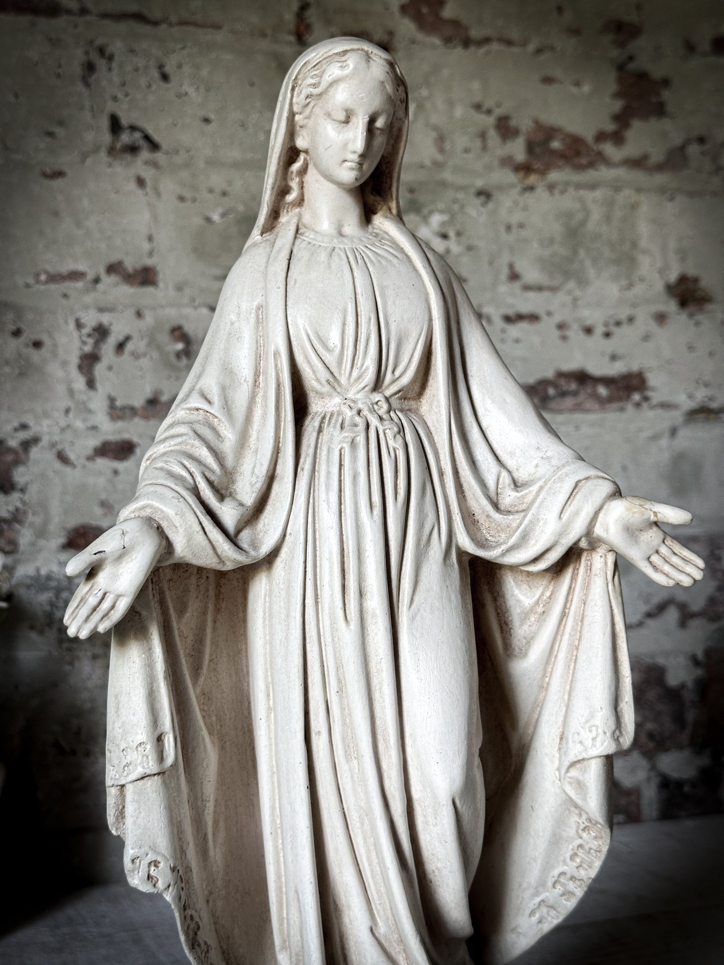 A Tall Antique French Chalk Ware Religious Statue of the Virgin Mary