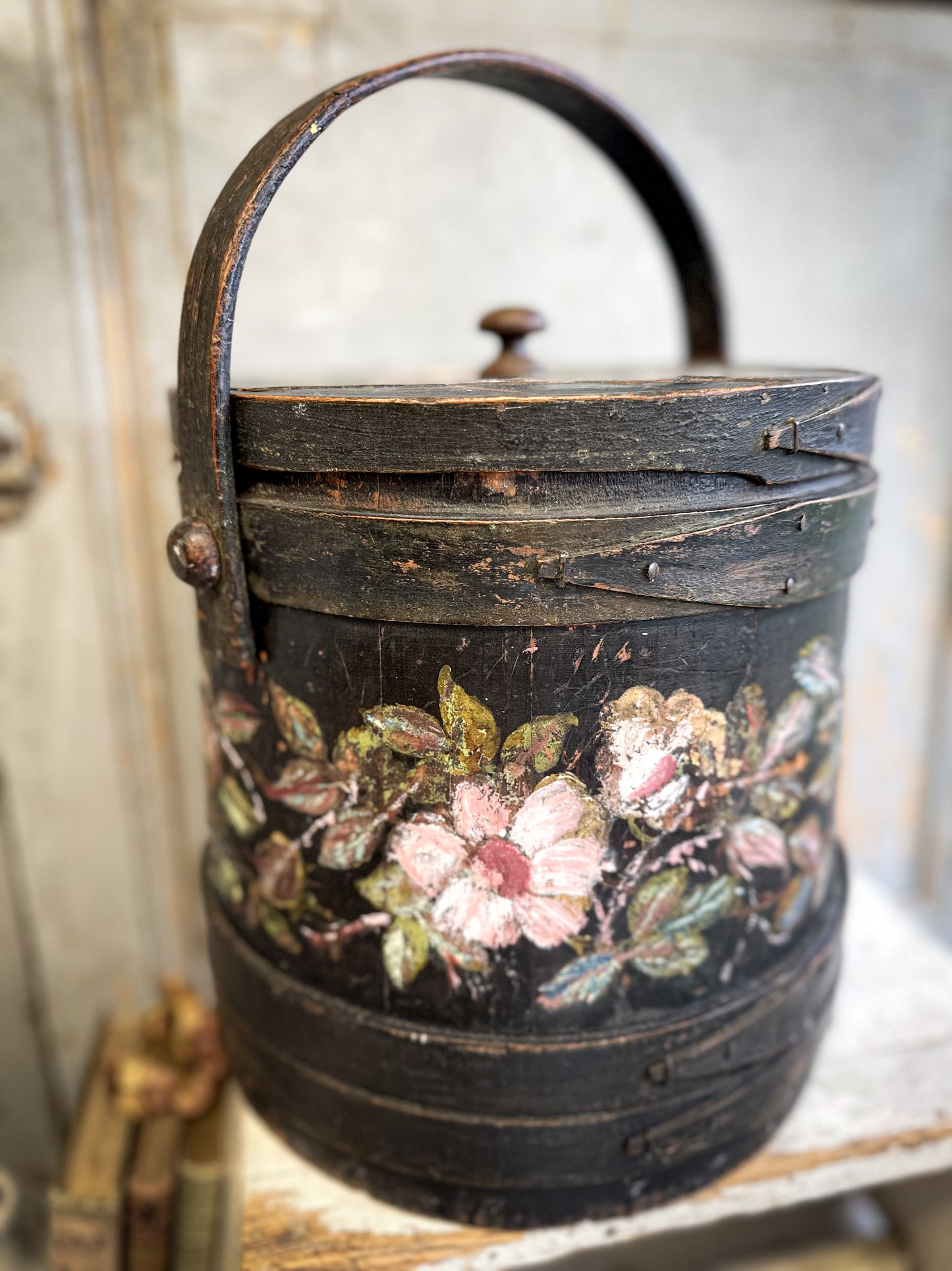 Antique Hand Painted Wooden Firkin Bucket (Scandi Folk Style)