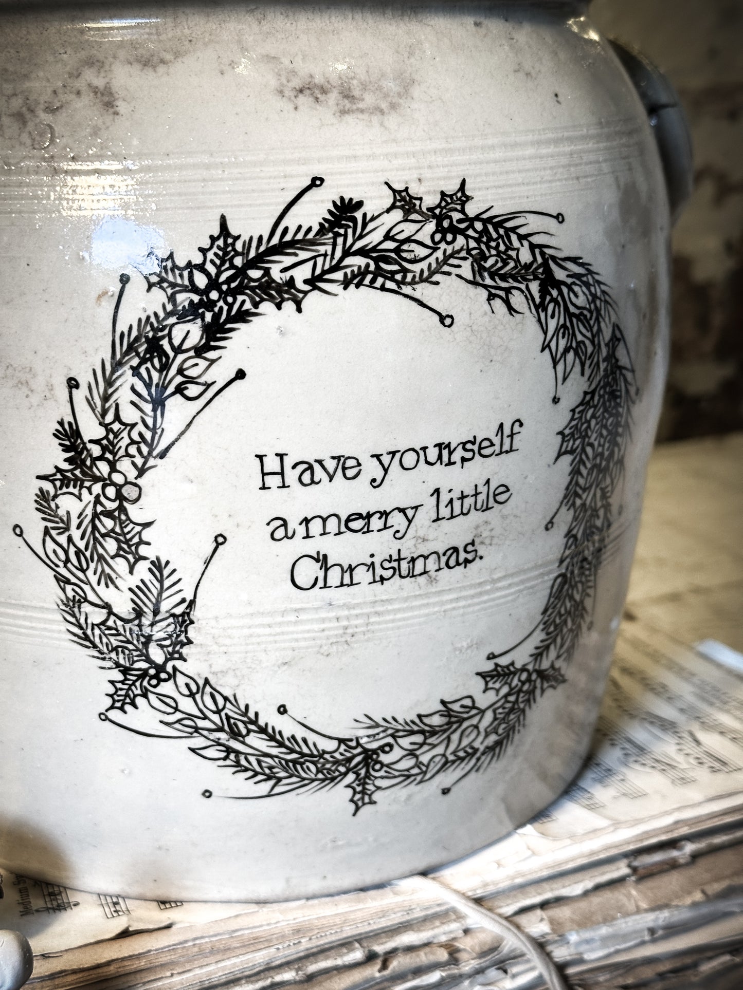 A lovely antique French stoneware confit pot with a hand painted Christmas quote