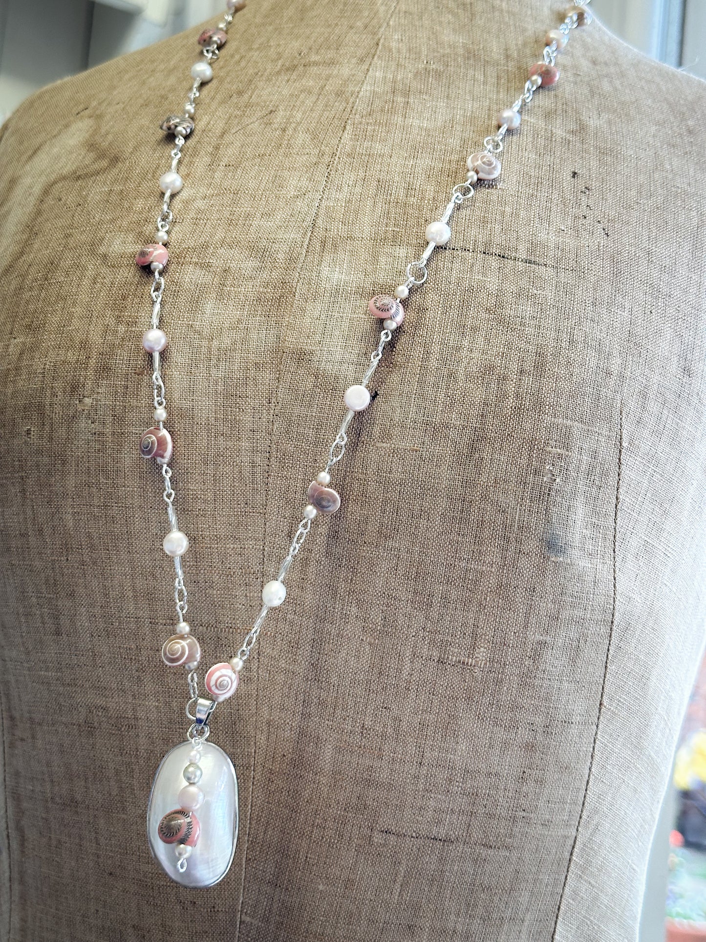 Beautiful Found Object Beaded Shell and Pearl Necklace with a Shell Pendant by Jealous Moon Jewellery