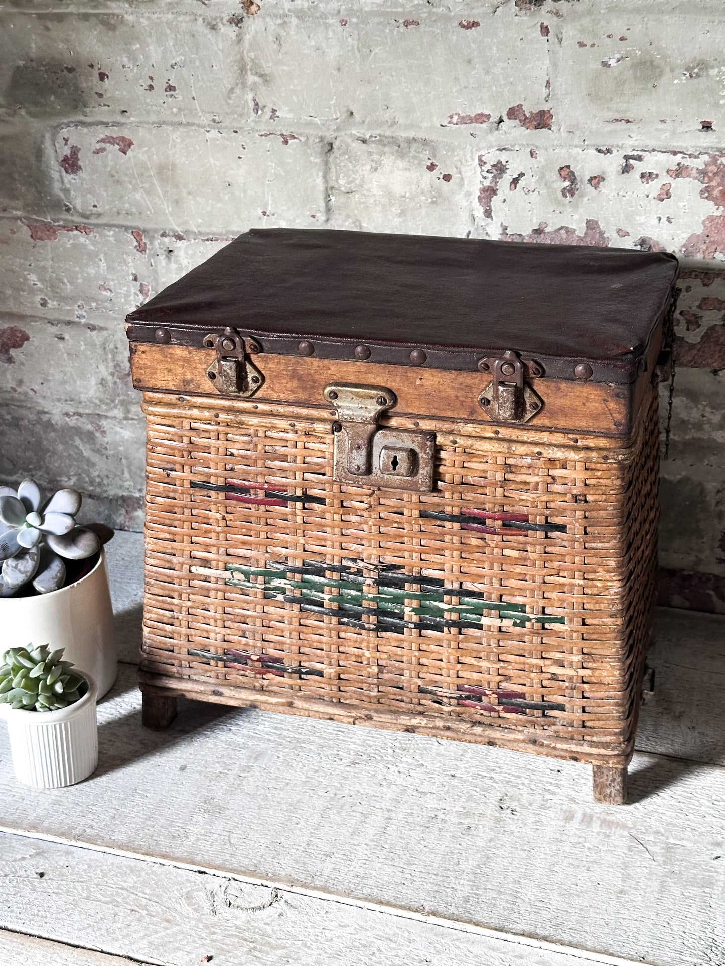 Antique French Wicker Sewing Box c.1900 with Leather Top