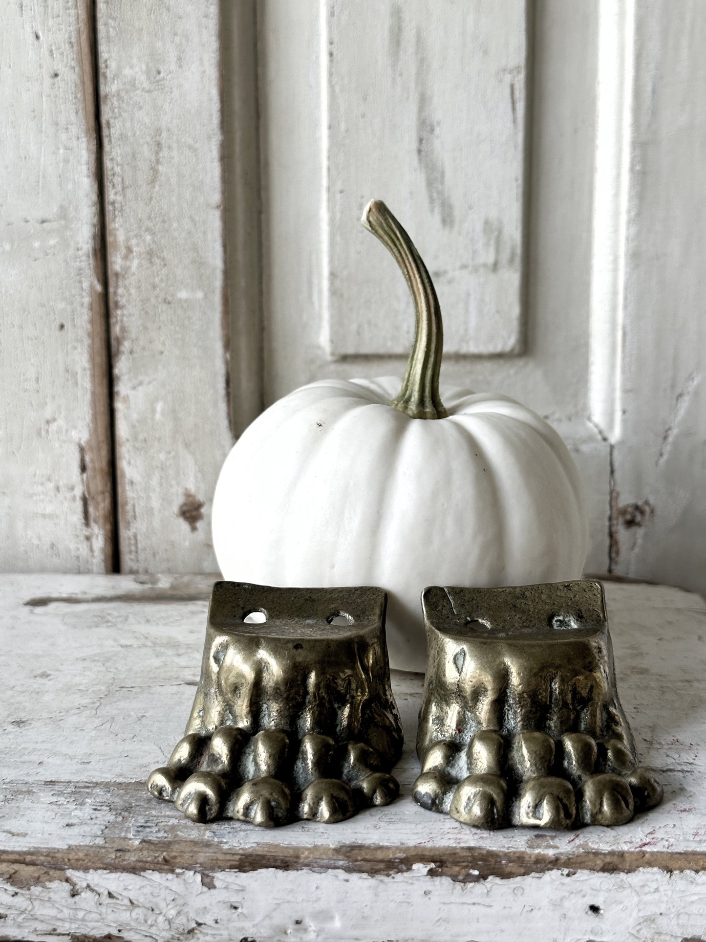 A pair of two antique brass salvaged clawed feet for furniture