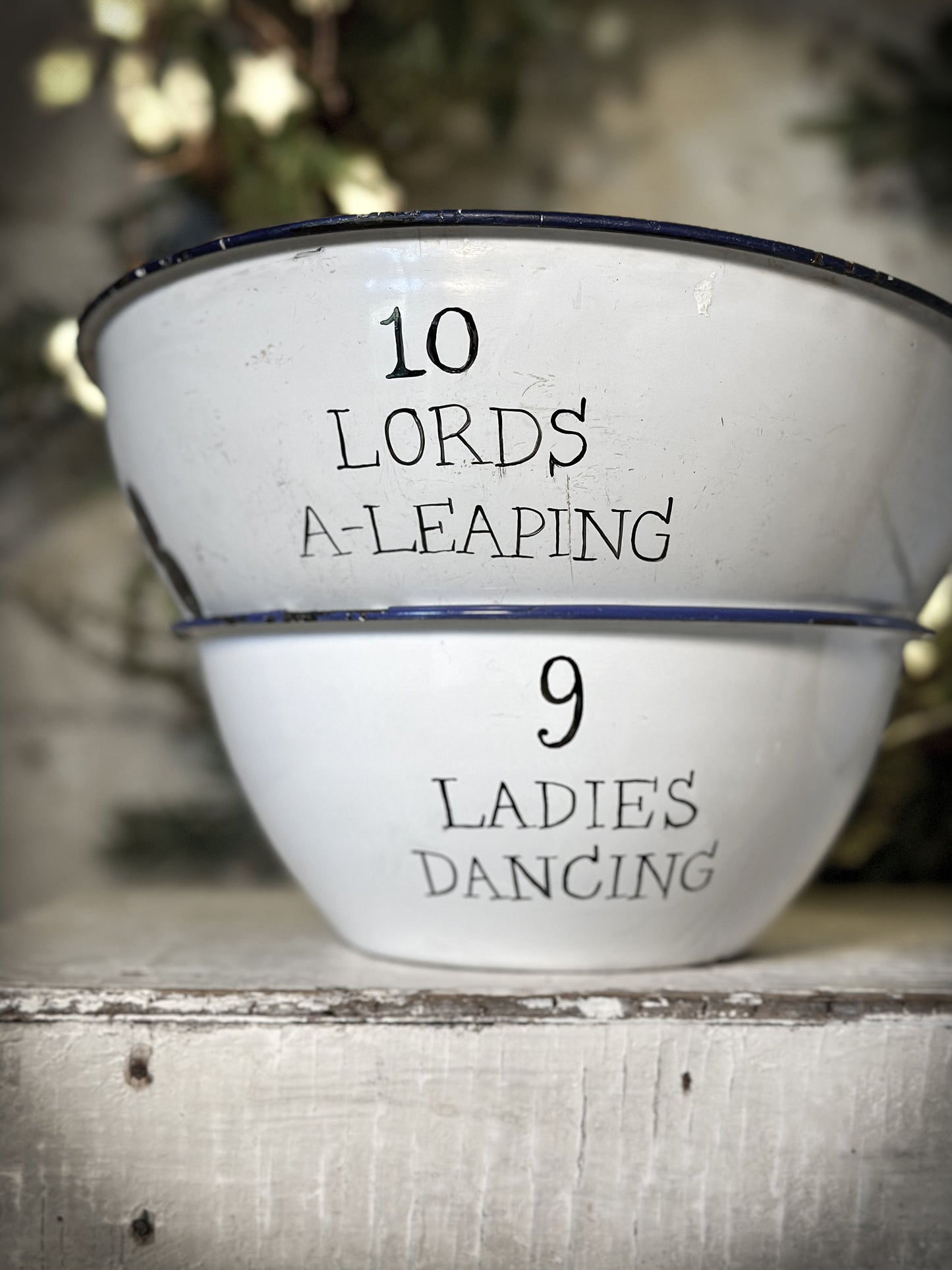 A beautiful vintage enamel pudding bowl with a hand painted quote from the Twelve days of Christmas