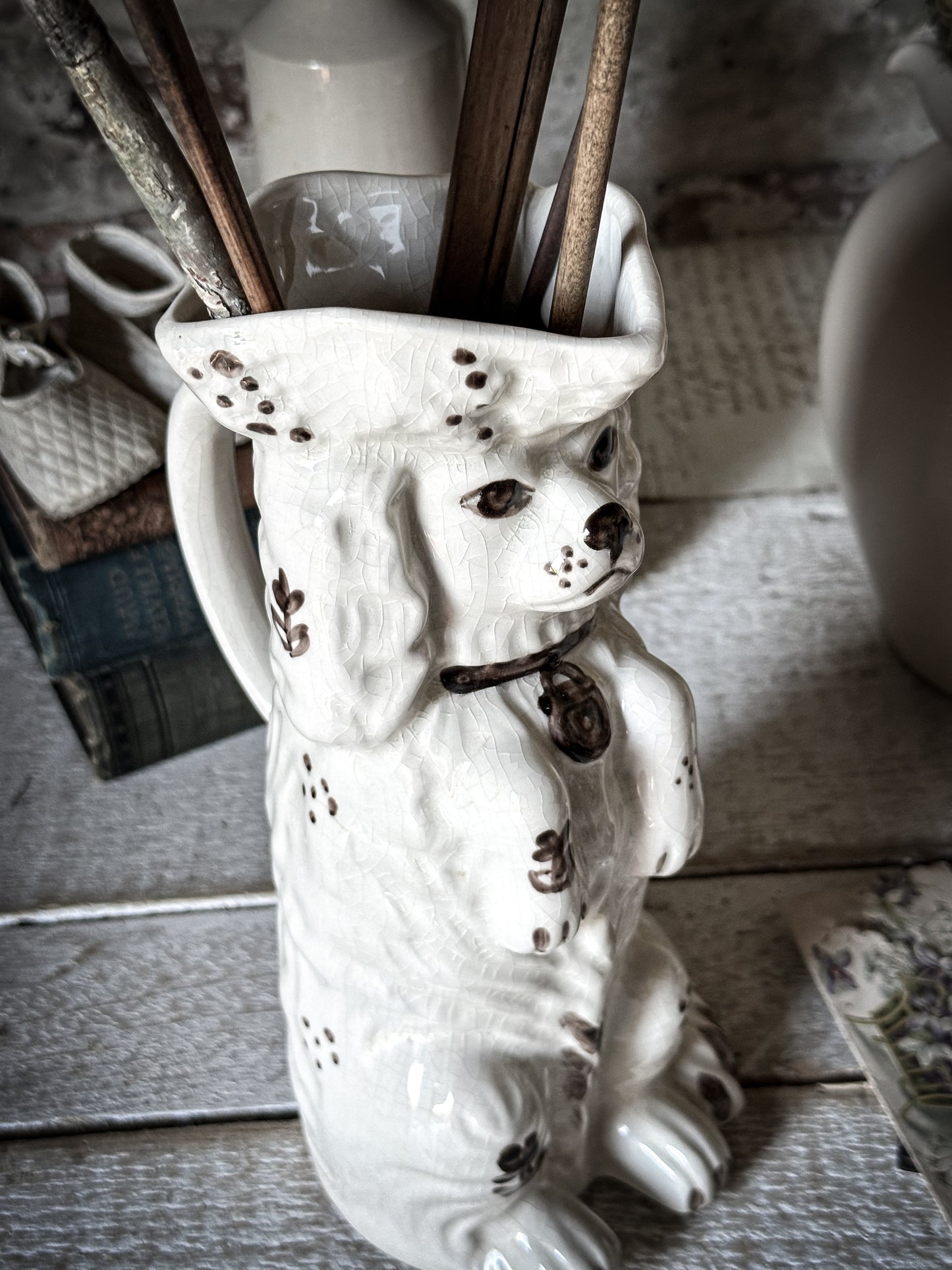 Antique Staffordshire Begging Spaniel in a Tricorn Hat Jug