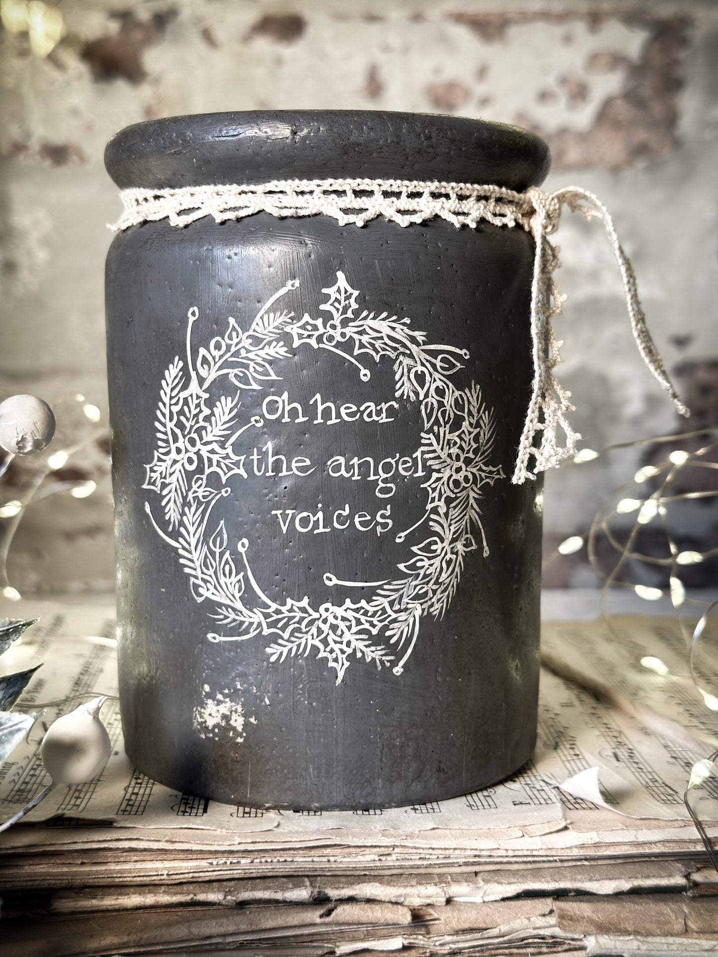 A hand painted and illustrated vintage Victorian Jar