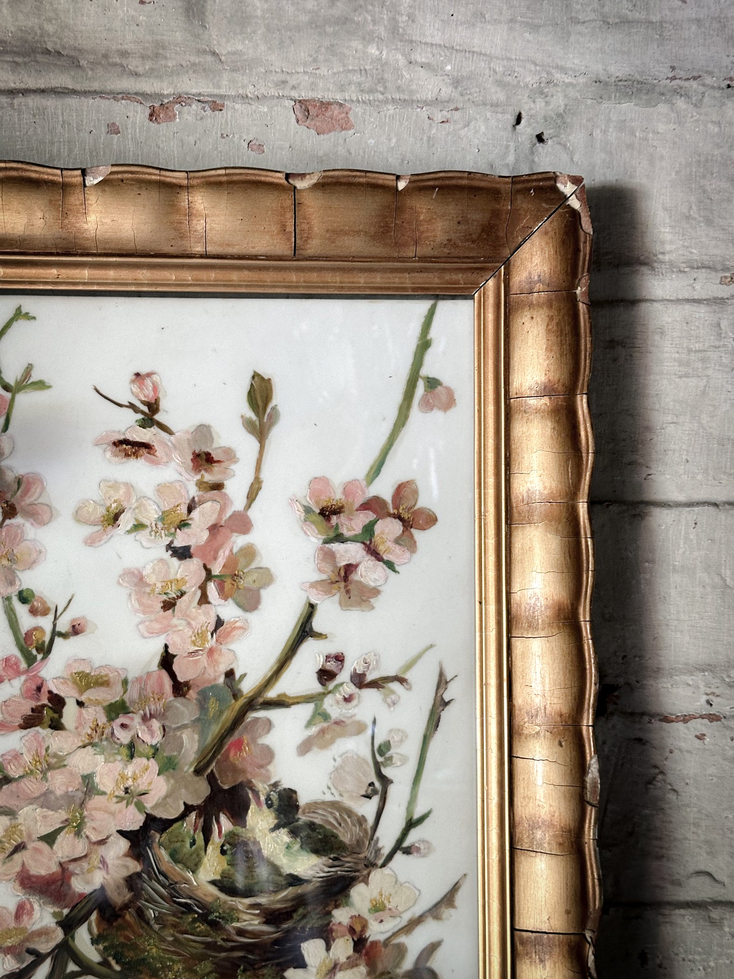 A Stunning Victorian Milk Glass Painting of A Bird’s Nest and Spring Blossoms