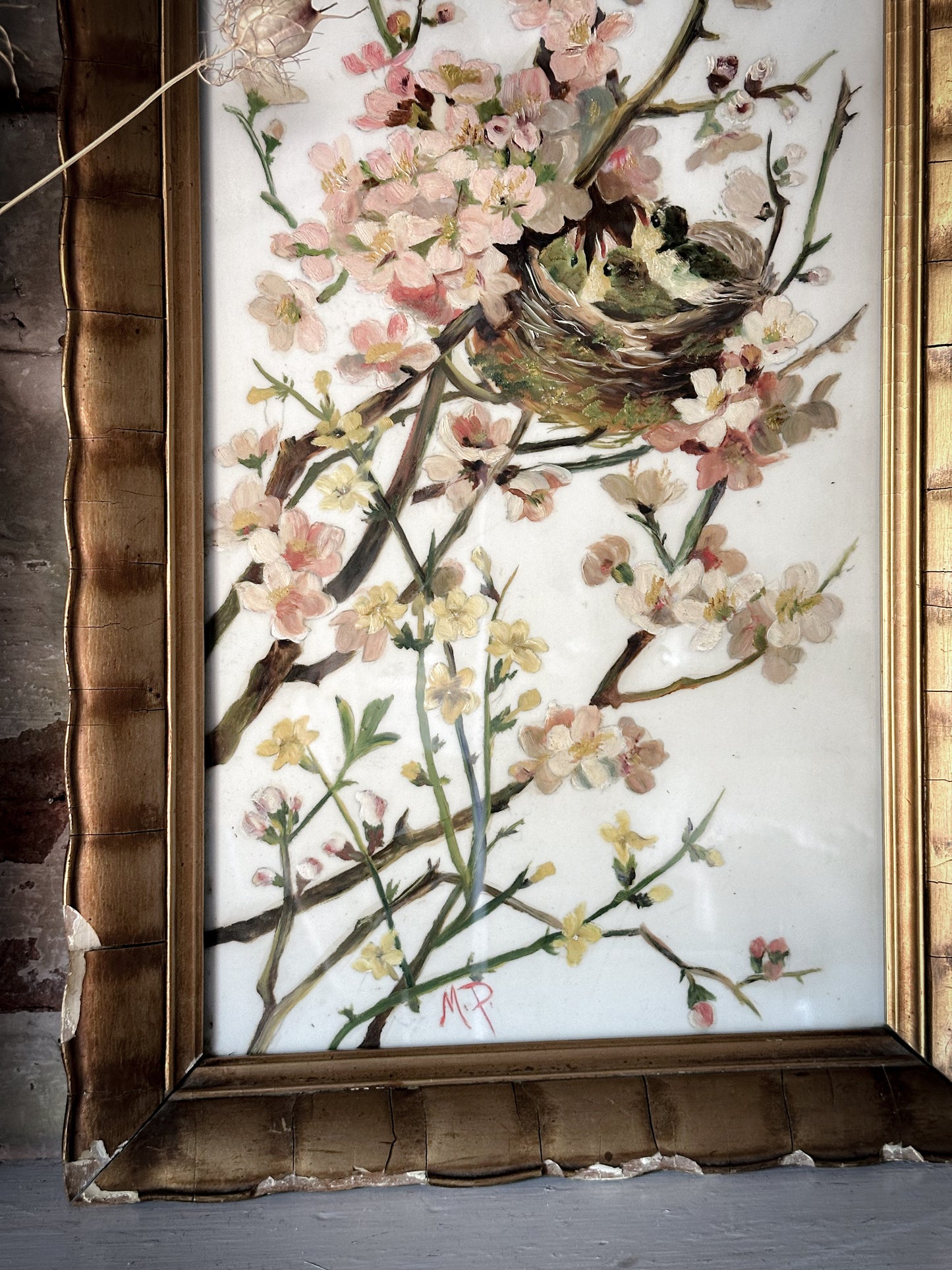A Stunning Victorian Milk Glass Painting of A Bird’s Nest and Spring Blossoms