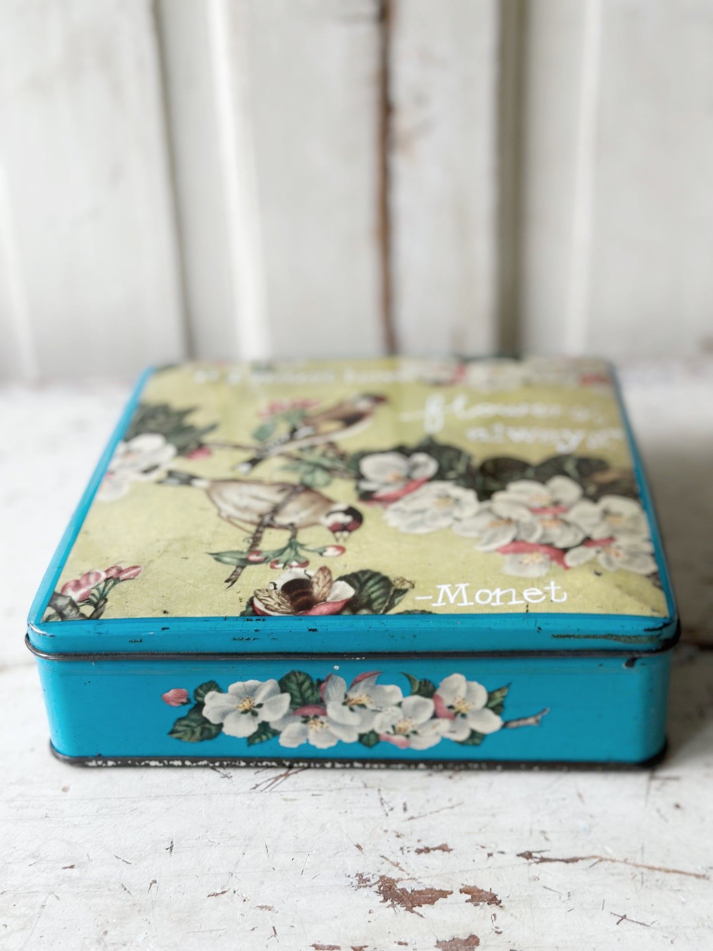 A pretty antique tin with a hand painted quote.
