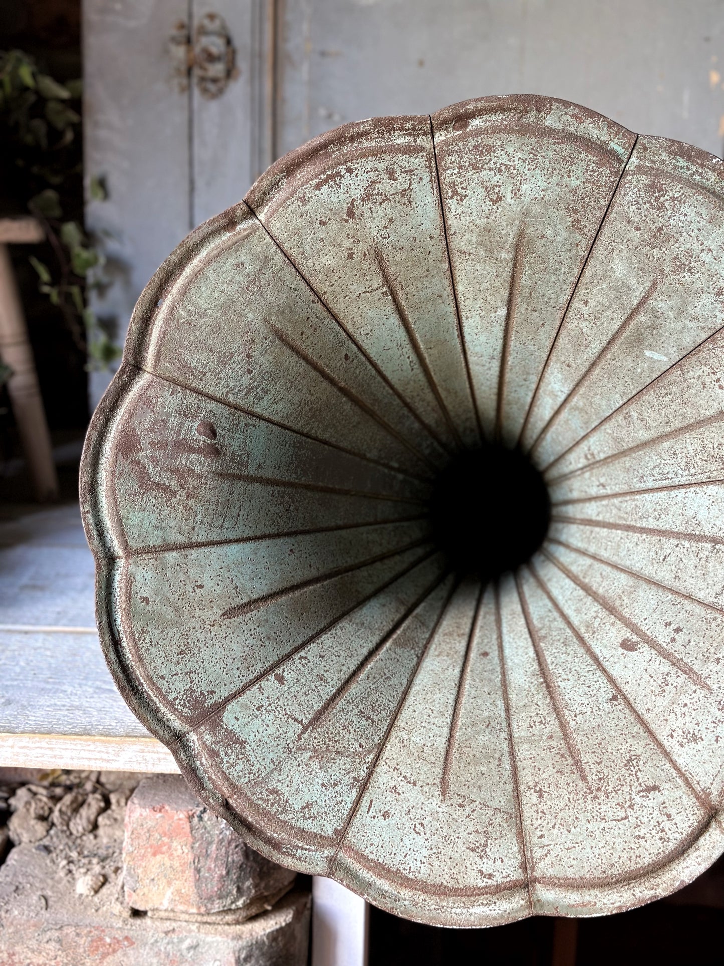 A wonderful antique French tin gramophone funnel and elbow