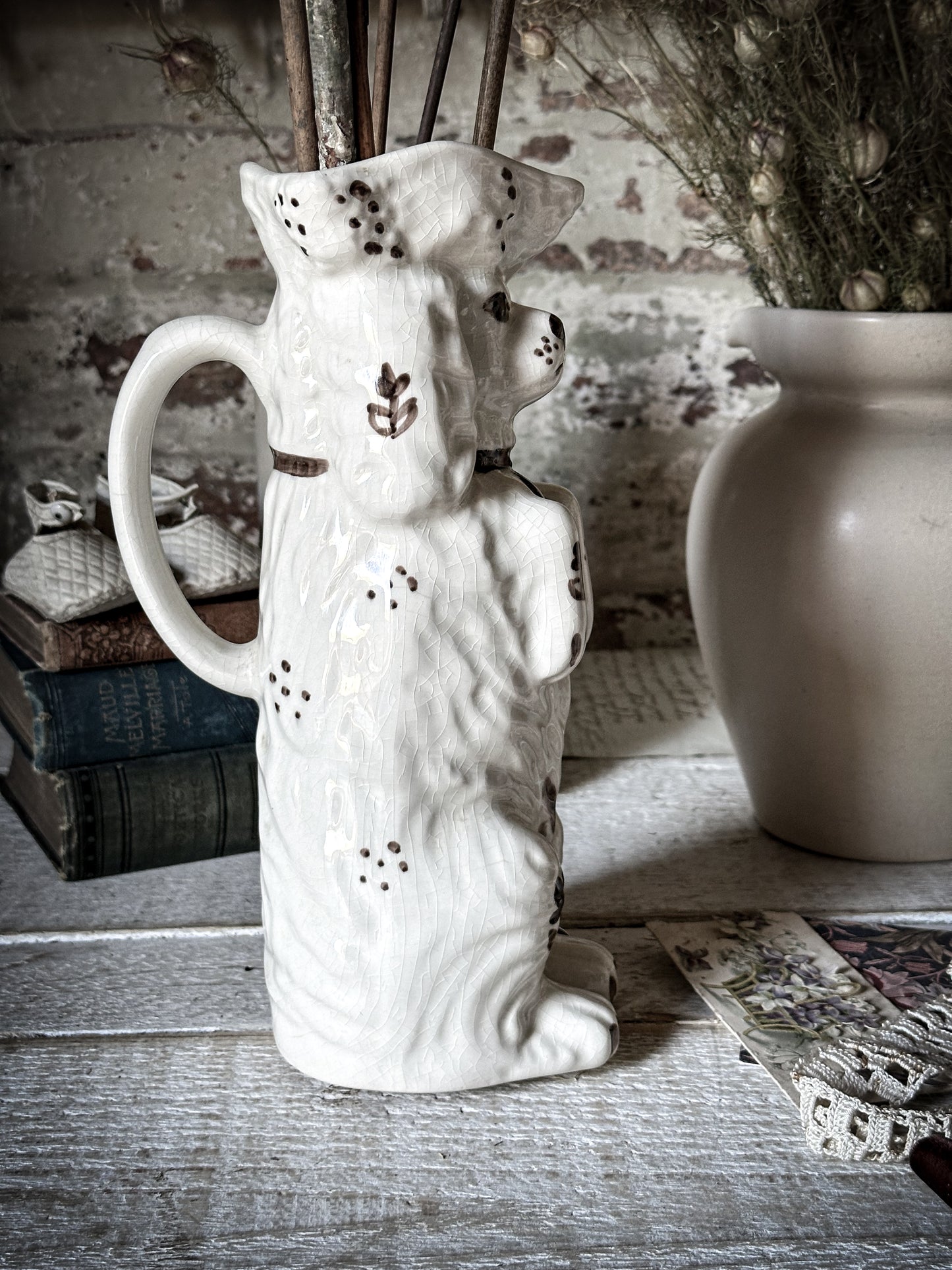Antique Staffordshire Begging Spaniel in a Tricorn Hat Jug