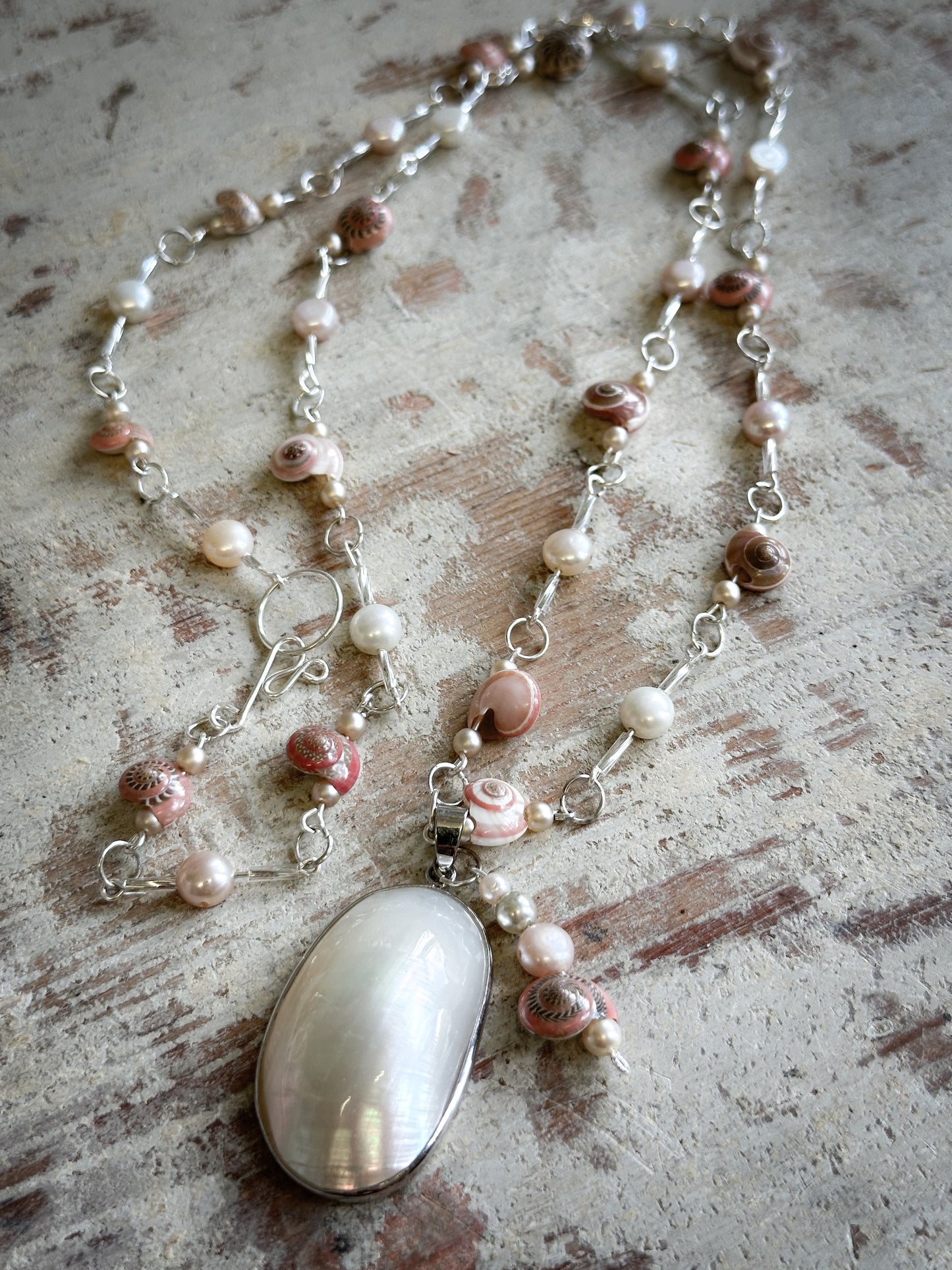 Beautiful Found Object Beaded Shell and Pearl Necklace with a Shell Pendant by Jealous Moon Jewellery