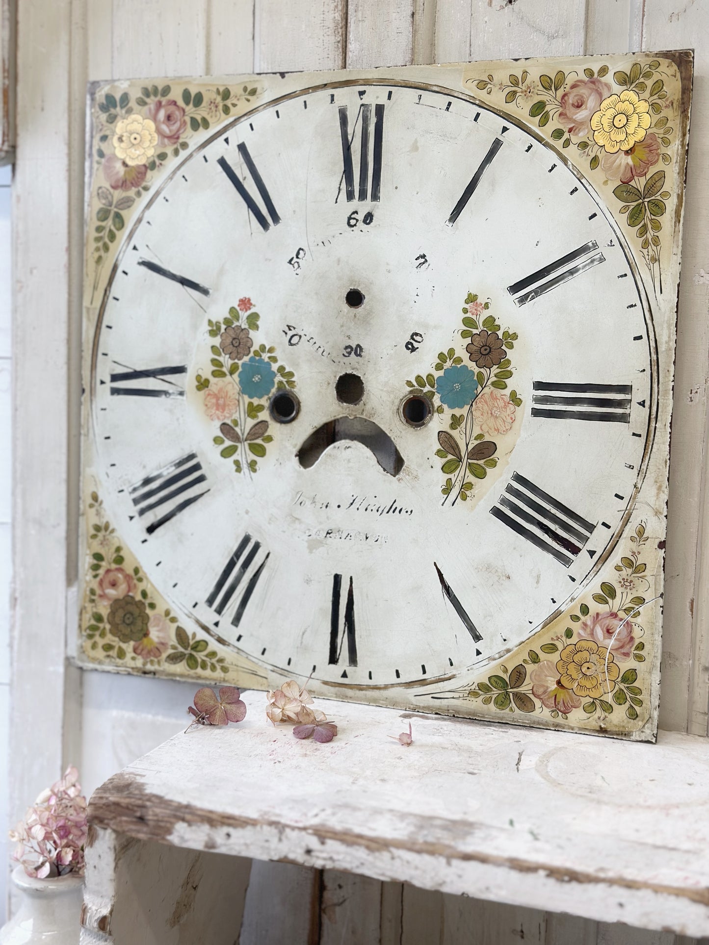 A stunning antique painted reclaimed long case clock face