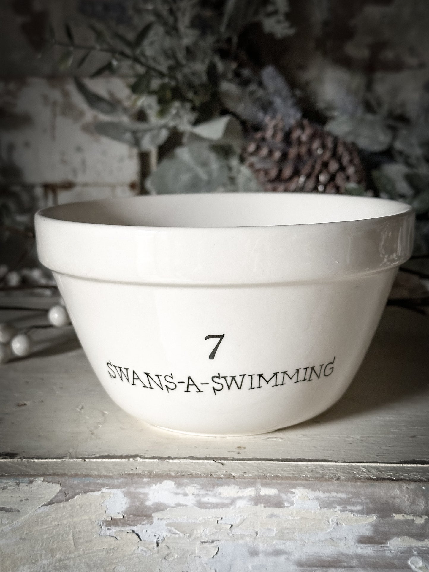 A beautiful vintage Illustrated Ironstone pudding bowl with a hand painted quote