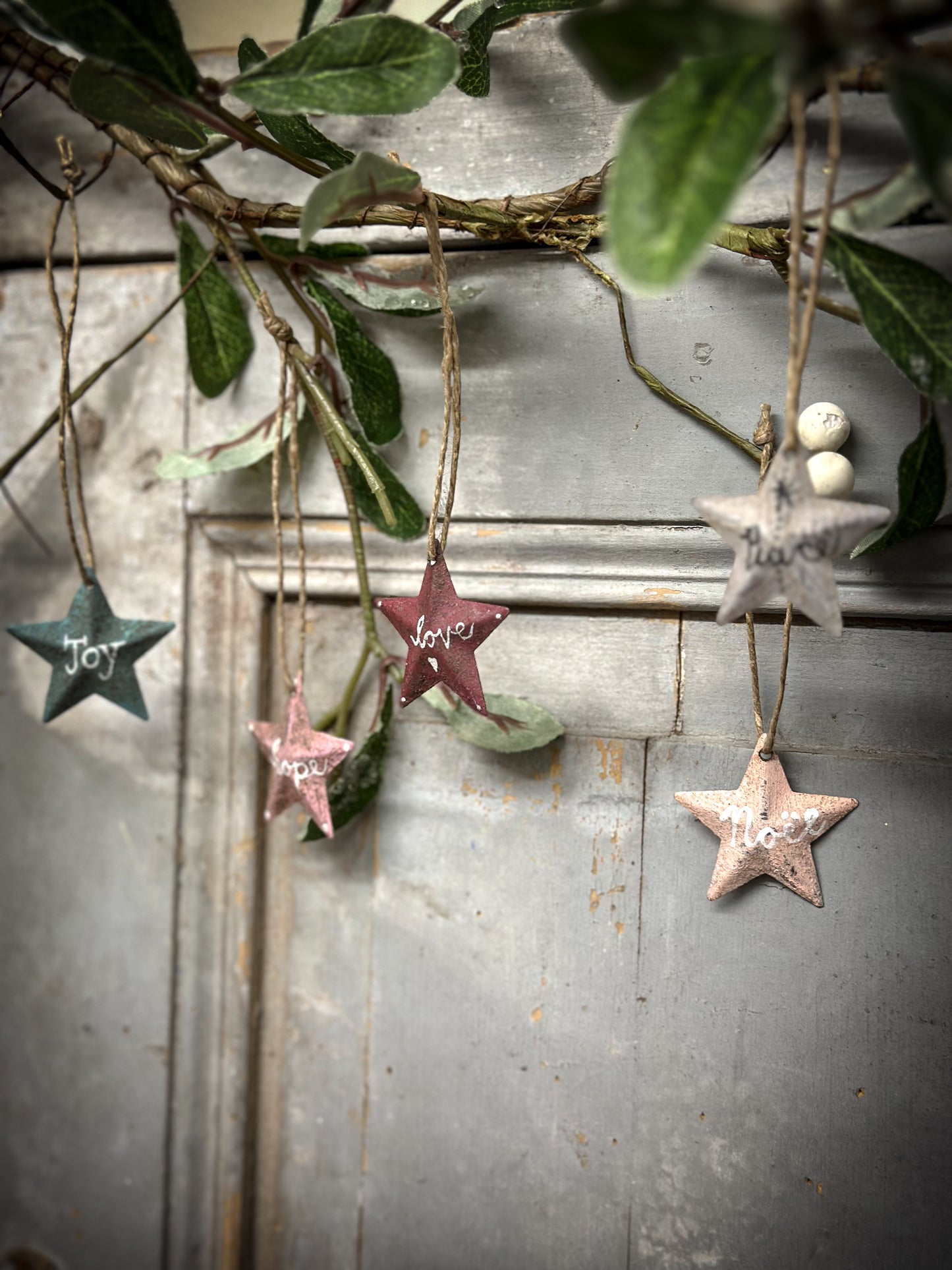 A Mini Pale Pink Tin Barn Star Christmas Decoration “Noël”