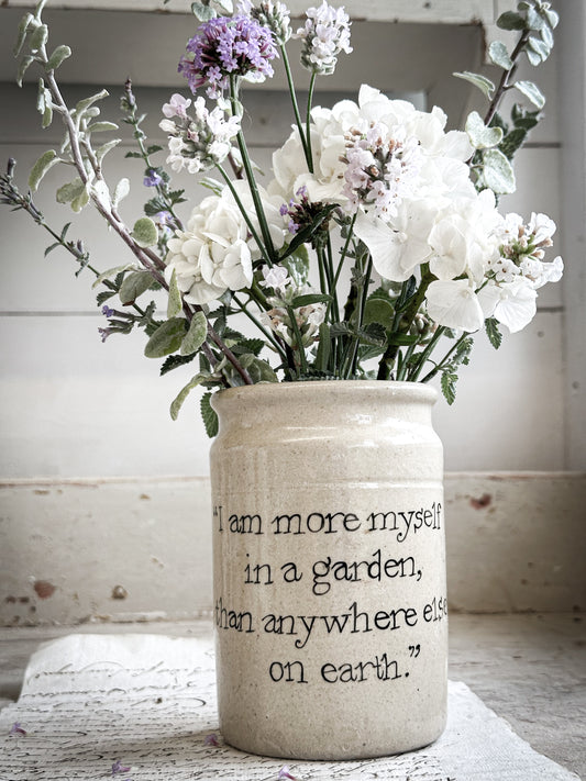 A Victorian unearthed short stoneware pottery jar with a hand painted quote