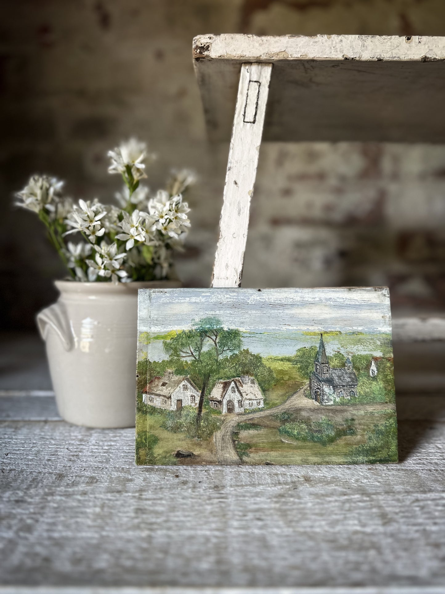 Antique French Naive Oil Painting on Wooden Panel